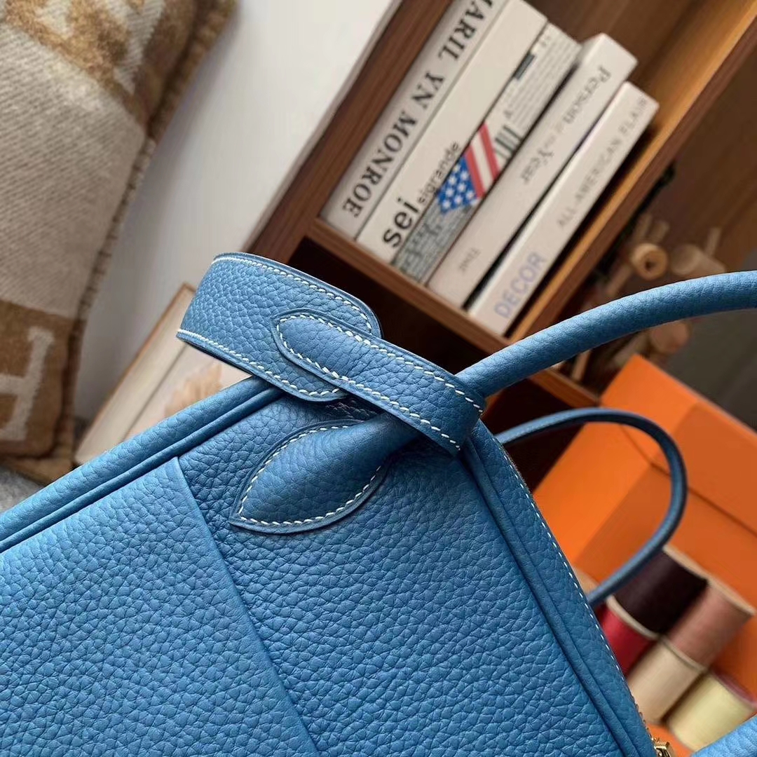 Hermès（爱马仕）牛仔蓝 原厂御用顶级TC 皮 Lindy 30 金扣