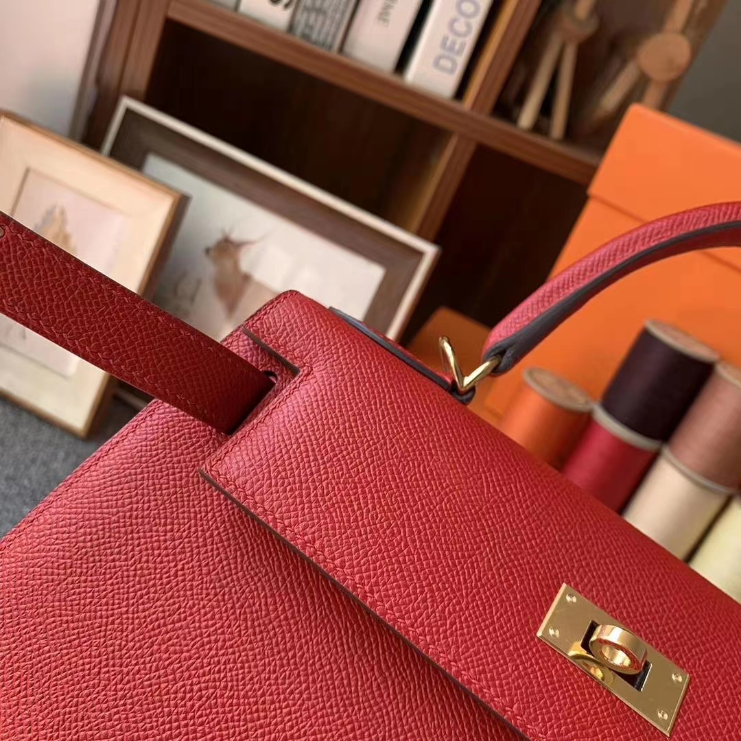 Hermès（爱马仕）Q5中国红 原厂御用顶级Epsom 皮 Kelly 28 外缝 金扣