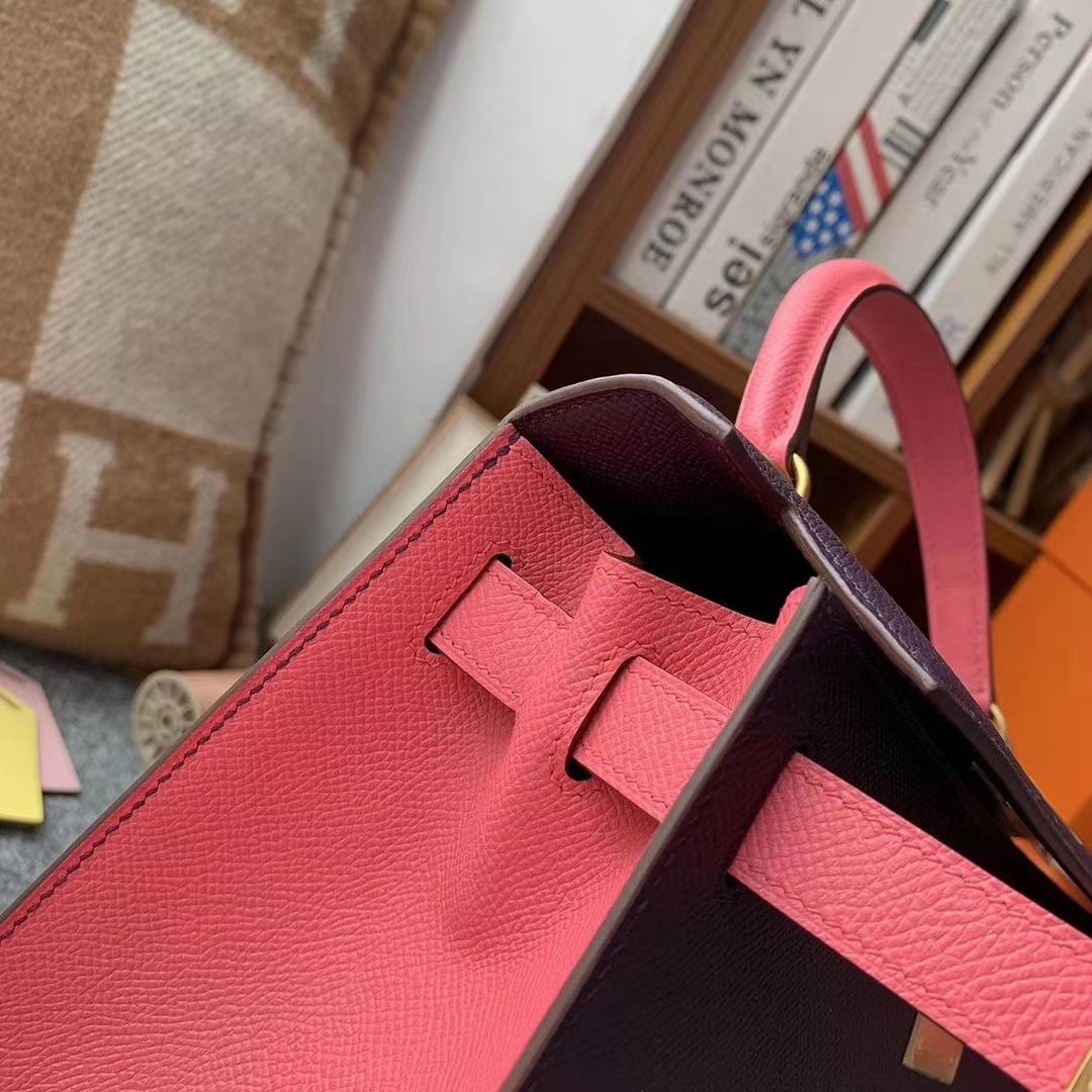 Hermès（爱马仕）葡萄紫拼新唇膏粉 原厂御用顶级Epsom 皮 Kelly 28 外缝 拉丝金扣