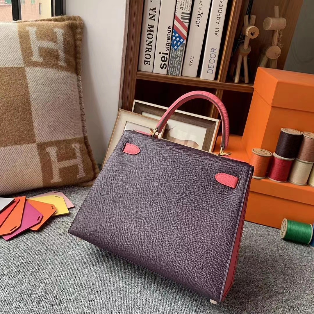Hermès（爱马仕）葡萄紫拼新唇膏粉 原厂御用顶级Epsom 皮 Kelly 28 外缝 拉丝金扣