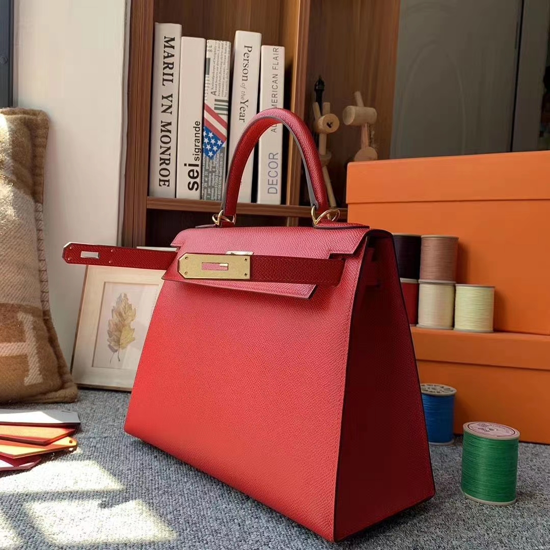Hermès（爱马仕）Q5中国红 原厂御用顶级Epsom 皮 Kelly 28 外缝 金扣
