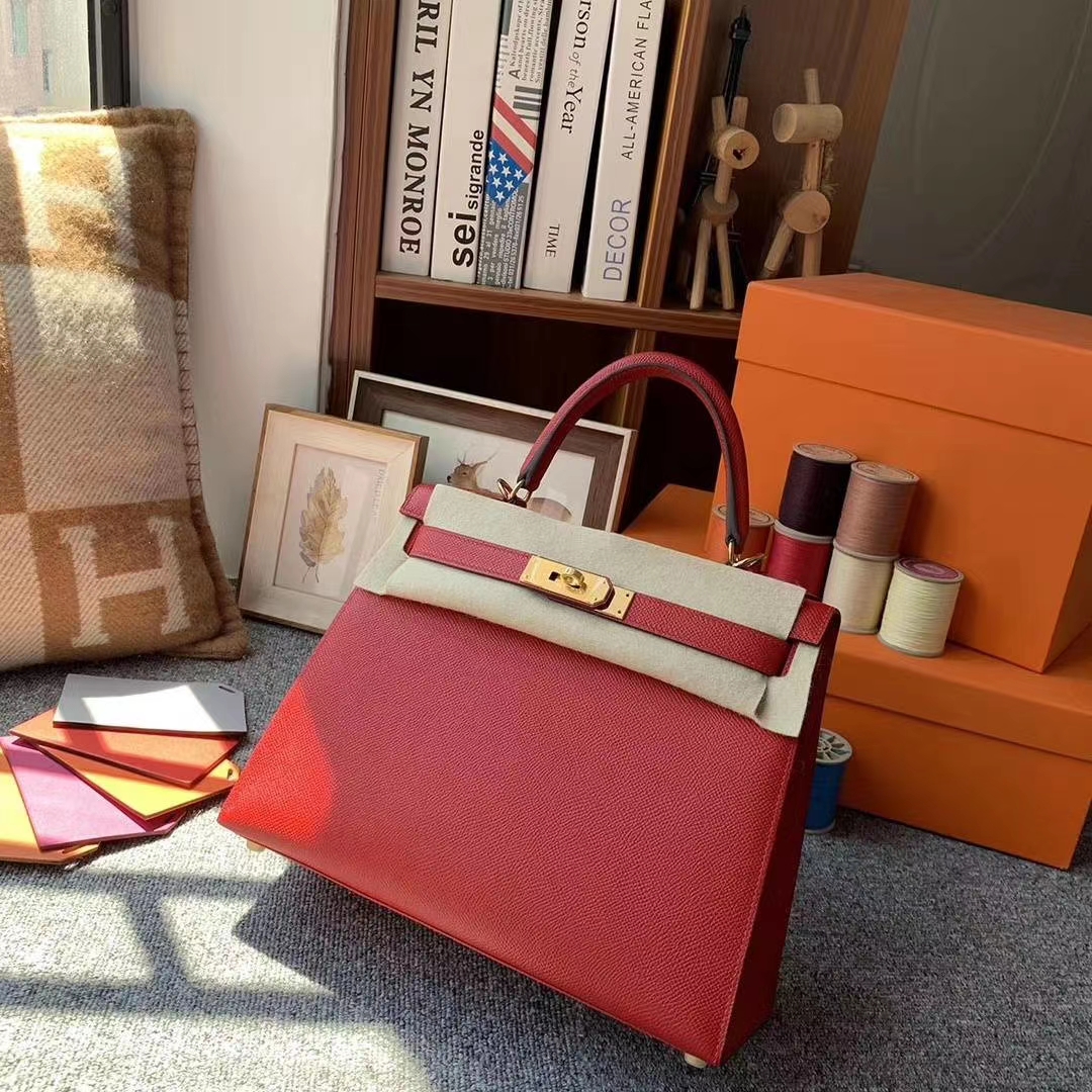Hermès（爱马仕）Q5中国红 原厂御用顶级Epsom 皮 Kelly 28 外缝 金扣