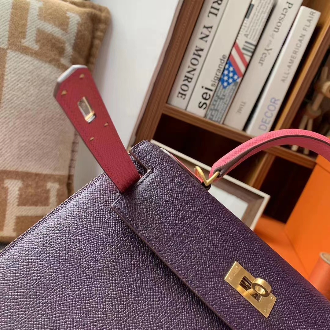 Hermès（爱马仕）葡萄紫拼新唇膏粉 原厂御用顶级Epsom 皮 Kelly 28 外缝 拉丝金扣