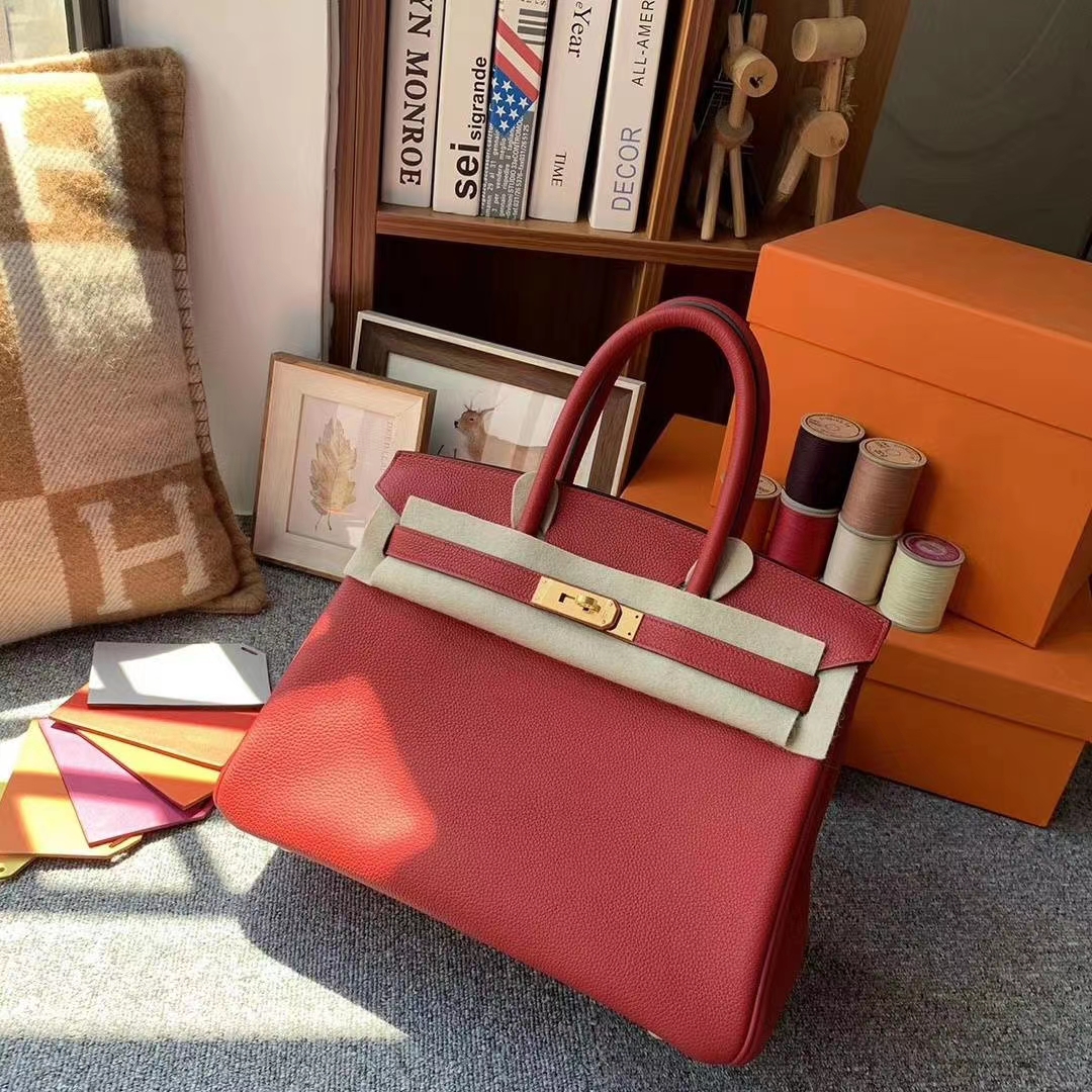 Hermès（爱马仕）Q5 中国红 原厂御用顶级小牛皮 Birkin 30 金扣