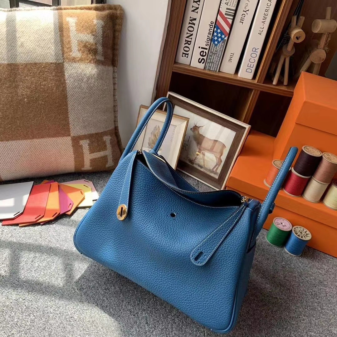 Hermès（爱马仕）牛仔蓝 原厂御用顶级TC 皮 Lindy 30 金扣