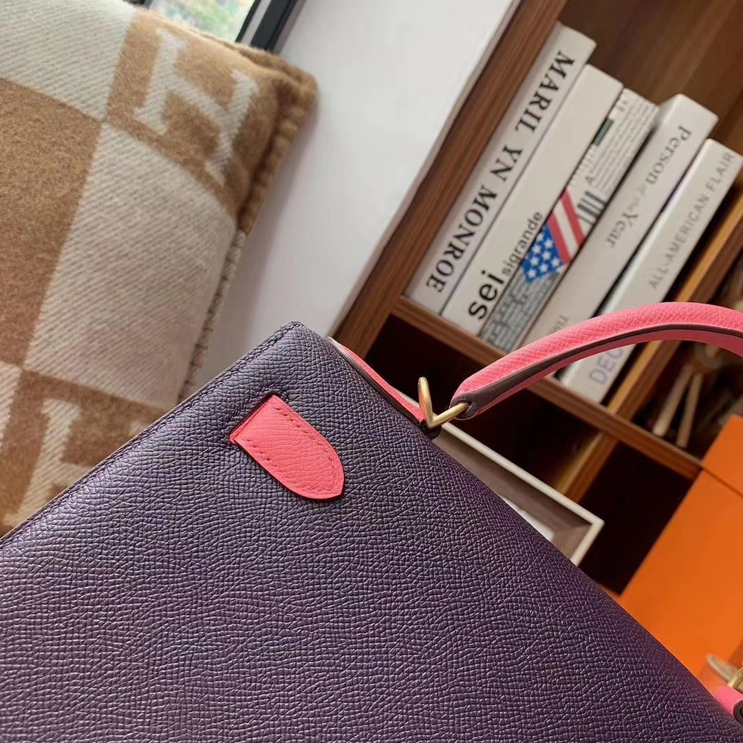 Hermès（爱马仕）葡萄紫拼新唇膏粉 原厂御用顶级Epsom 皮 Kelly 28 外缝 拉丝金扣