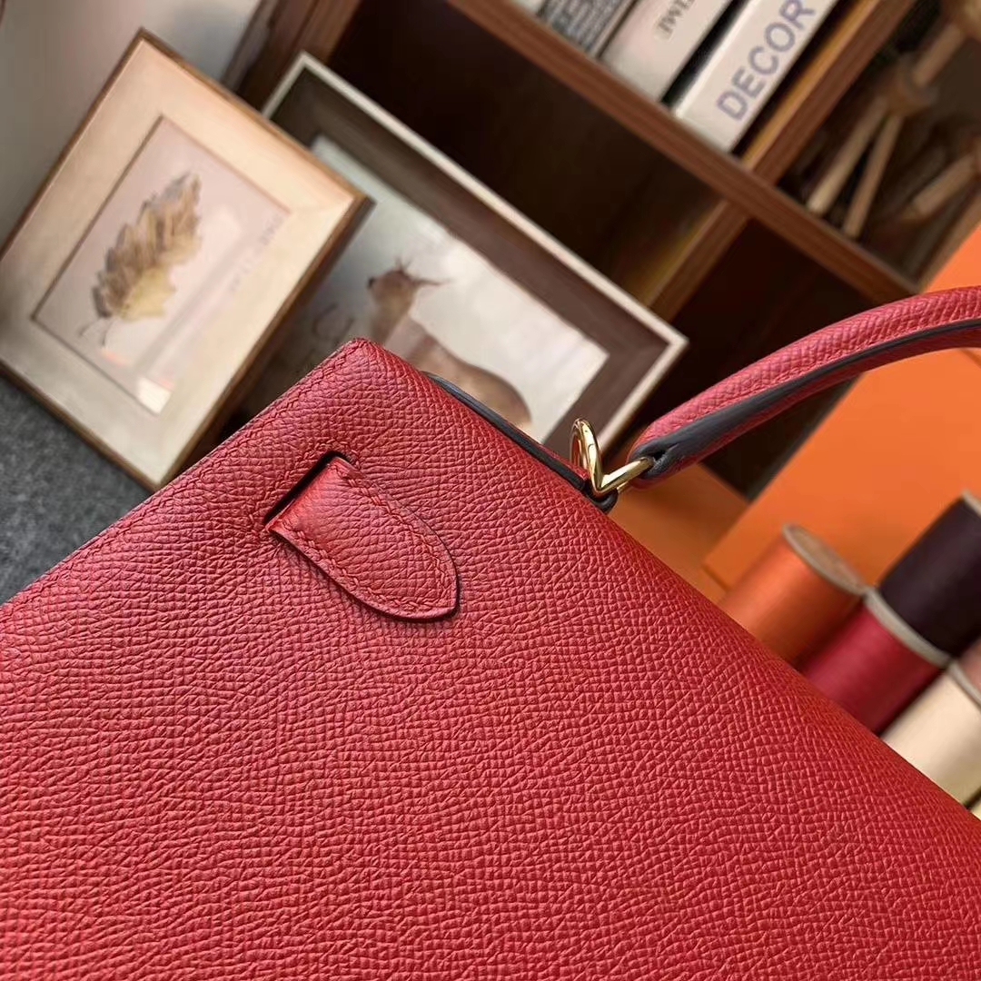 Hermès（爱马仕）Q5中国红 原厂御用顶级Epsom 皮 Kelly 28 外缝 金扣