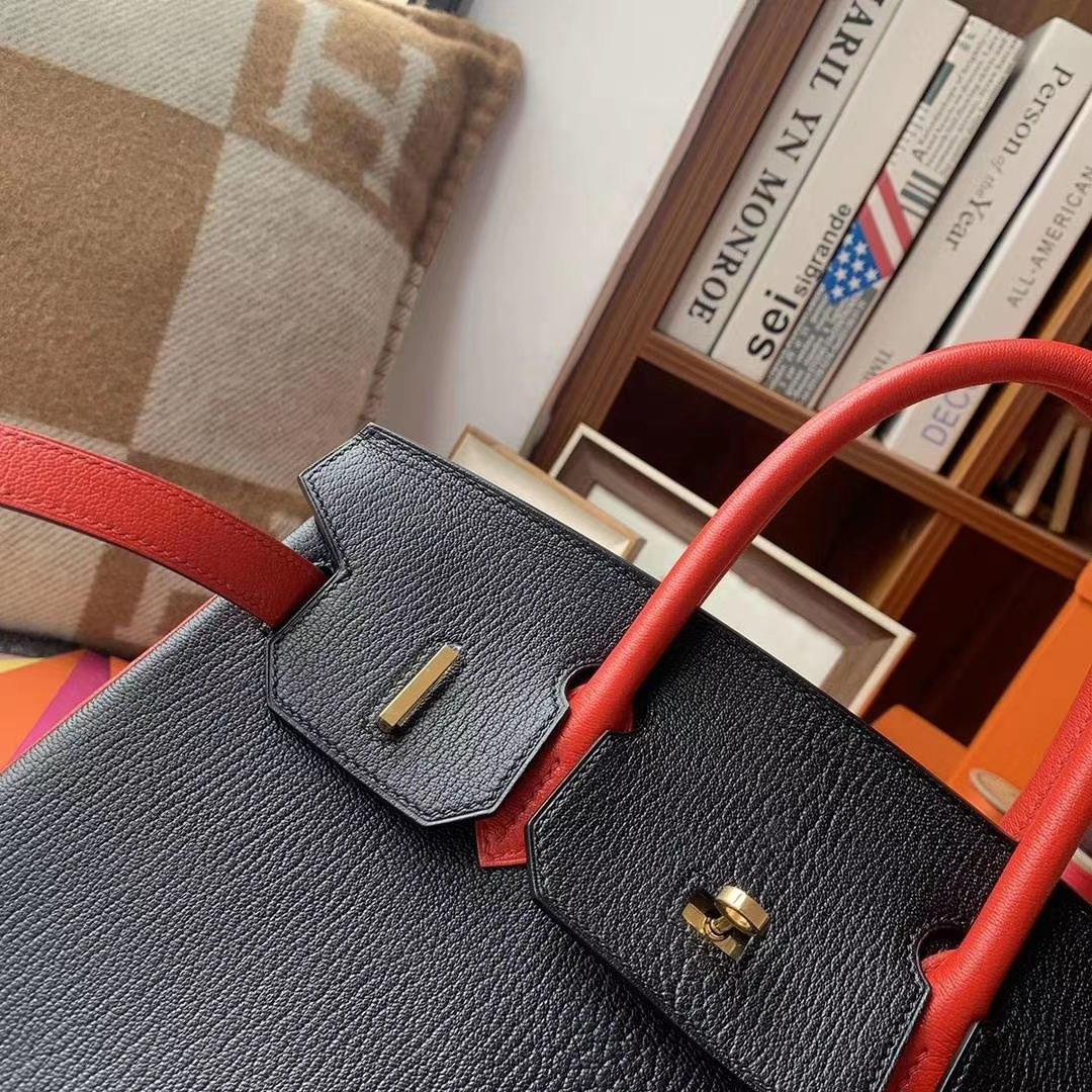 Hermès（爱马仕）黑色拼中国红 原厂御用顶级山羊皮 Birkin 30 金扣