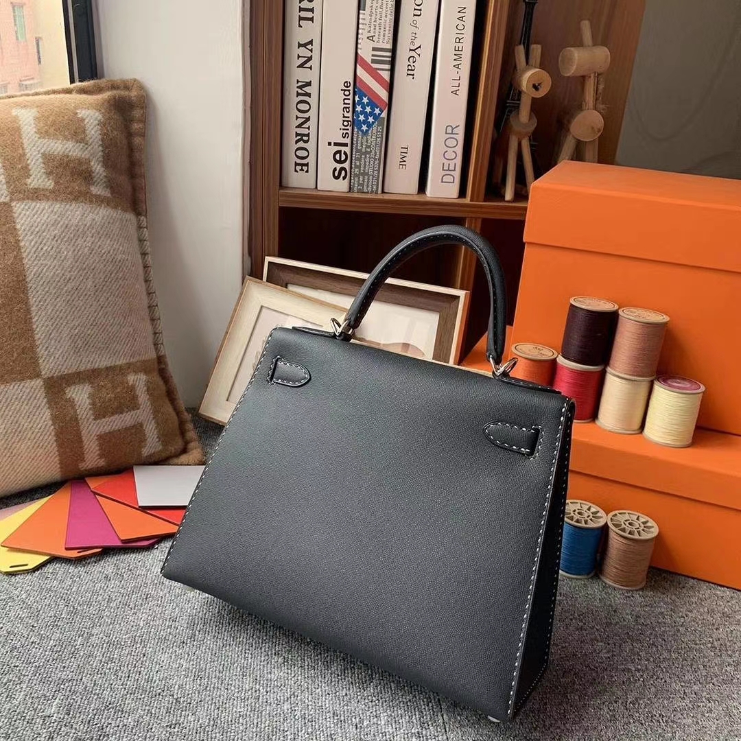 Hermès（爱马仕）CK89黑色 原厂御用顶级Monsieur皮 新款皮质 Kelly 28 外缝 黑白间隔走线 银扣