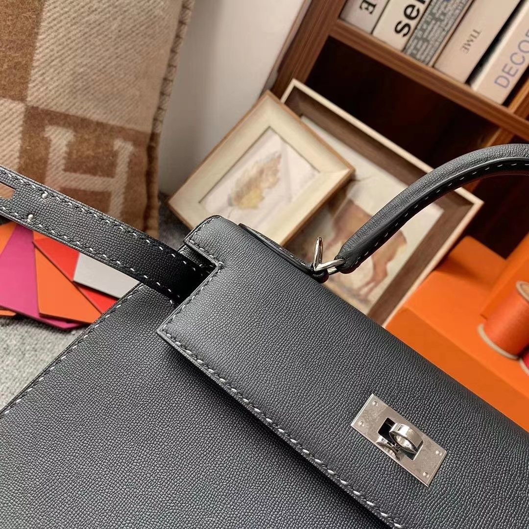Hermès（爱马仕）CK89黑色 原厂御用顶级Monsieur皮 新款皮质 Kelly 28 外缝 黑白间隔走线 银扣