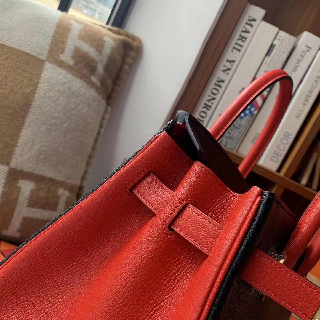 Hermès（爱马仕）黑色拼中国红 原厂御用顶级山羊皮 Birkin 30 金扣