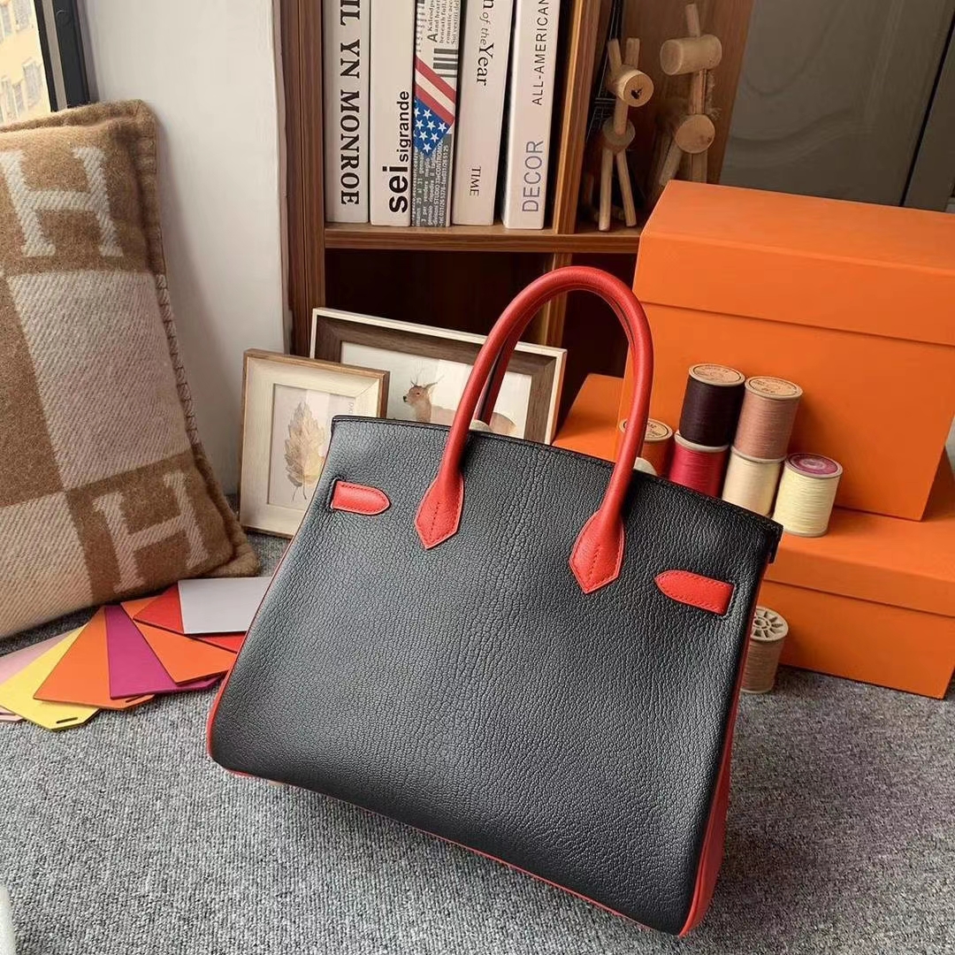 Hermès（爱马仕）黑色拼中国红 原厂御用顶级山羊皮 Birkin 30 金扣