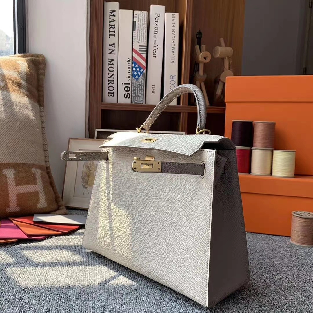 Hermès（爱马仕）奶昔白拼沥青灰 原厂御用顶级Epsom 皮 Kelly 25 外缝 拉丝金扣