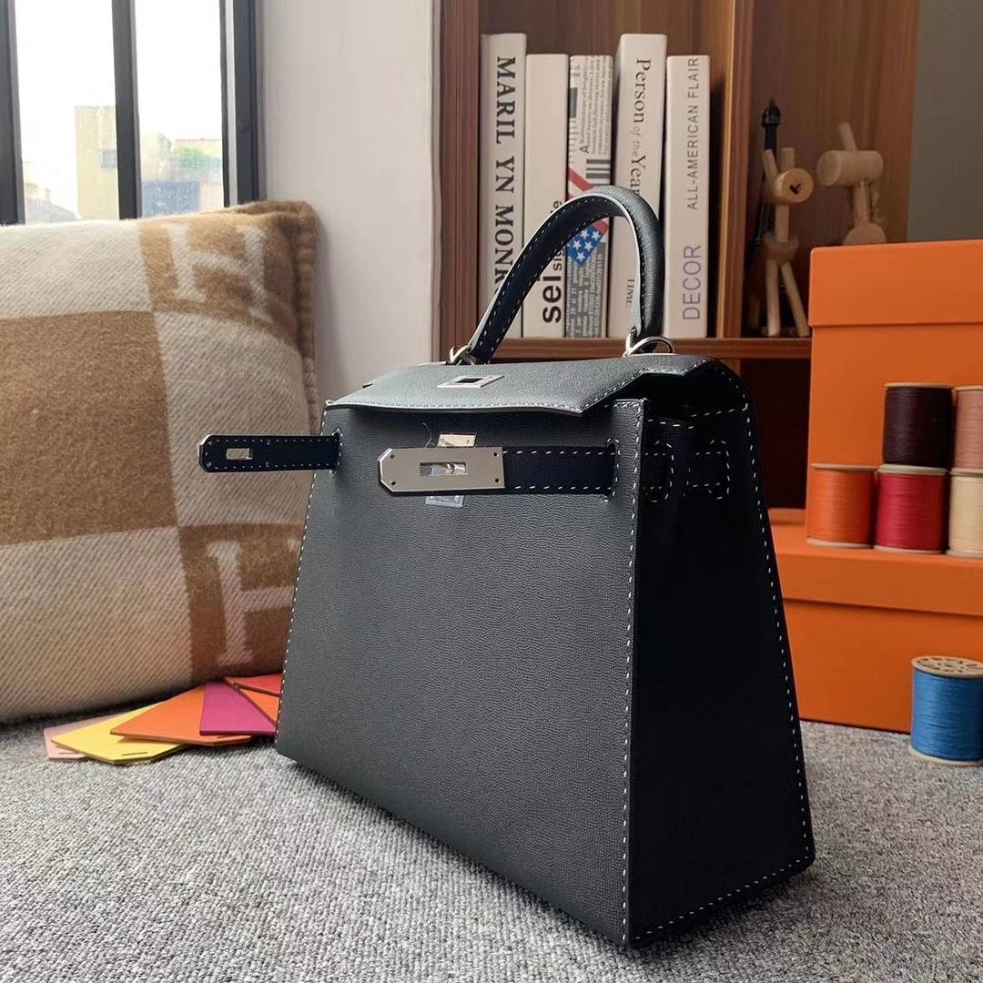 Hermès（爱马仕）CK89黑色 原厂御用顶级Monsieur皮 新款皮质 Kelly 28 外缝 黑白间隔走线 银扣