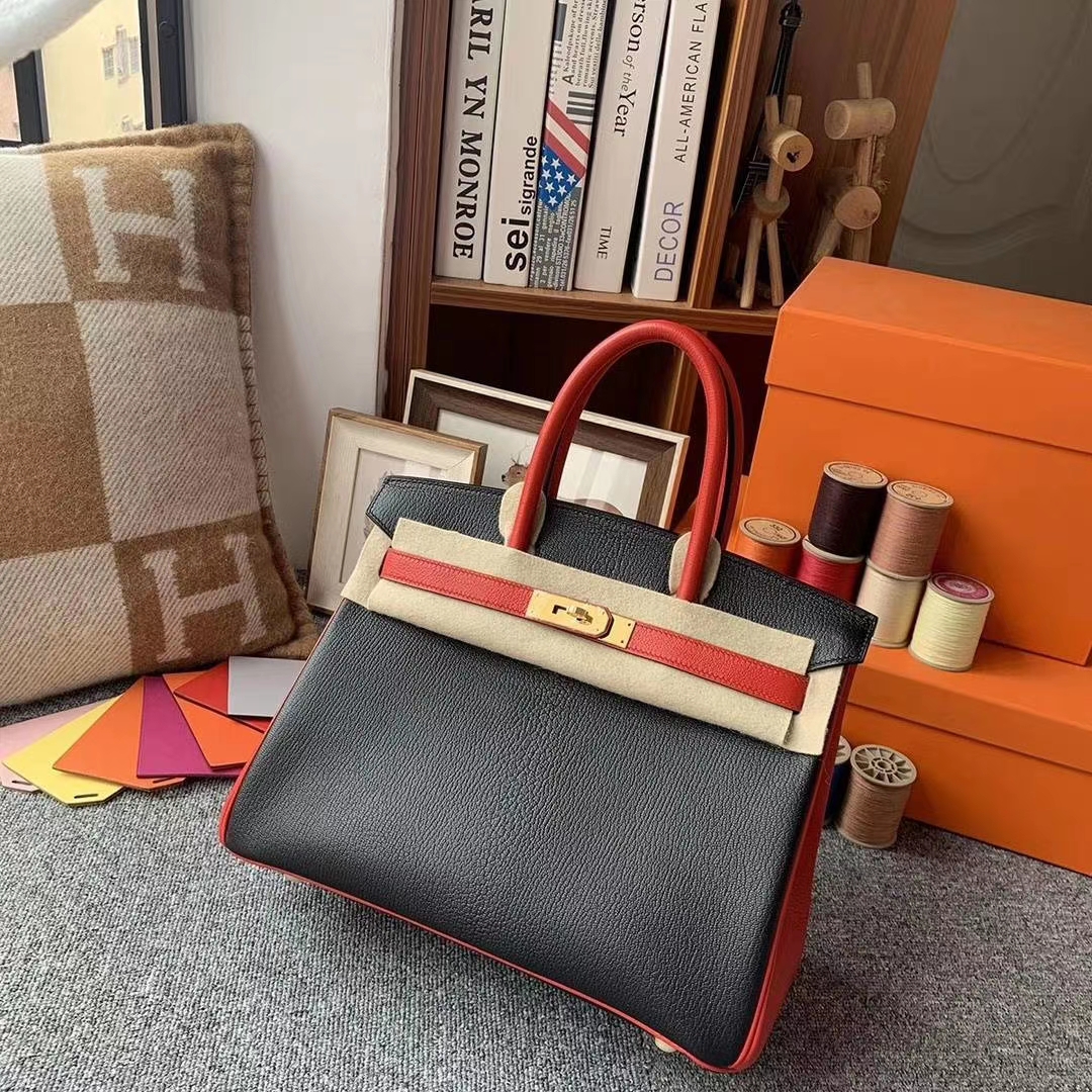 Hermès（爱马仕）黑色拼中国红 原厂御用顶级山羊皮 Birkin 30 金扣