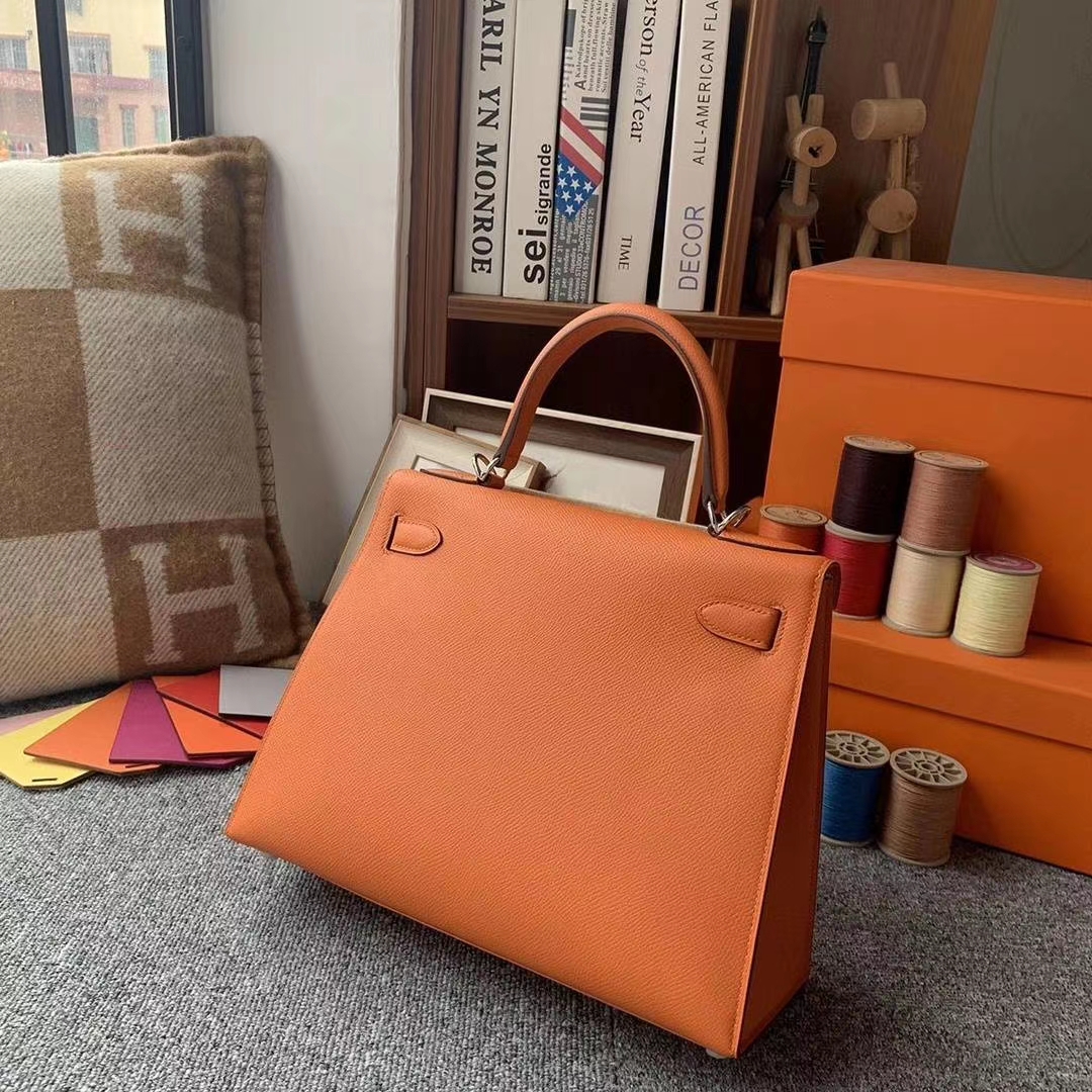 Hermès（爱马仕）93经典橙色 原厂御用顶级Epsom 皮 Kelly 28 外缝 银扣