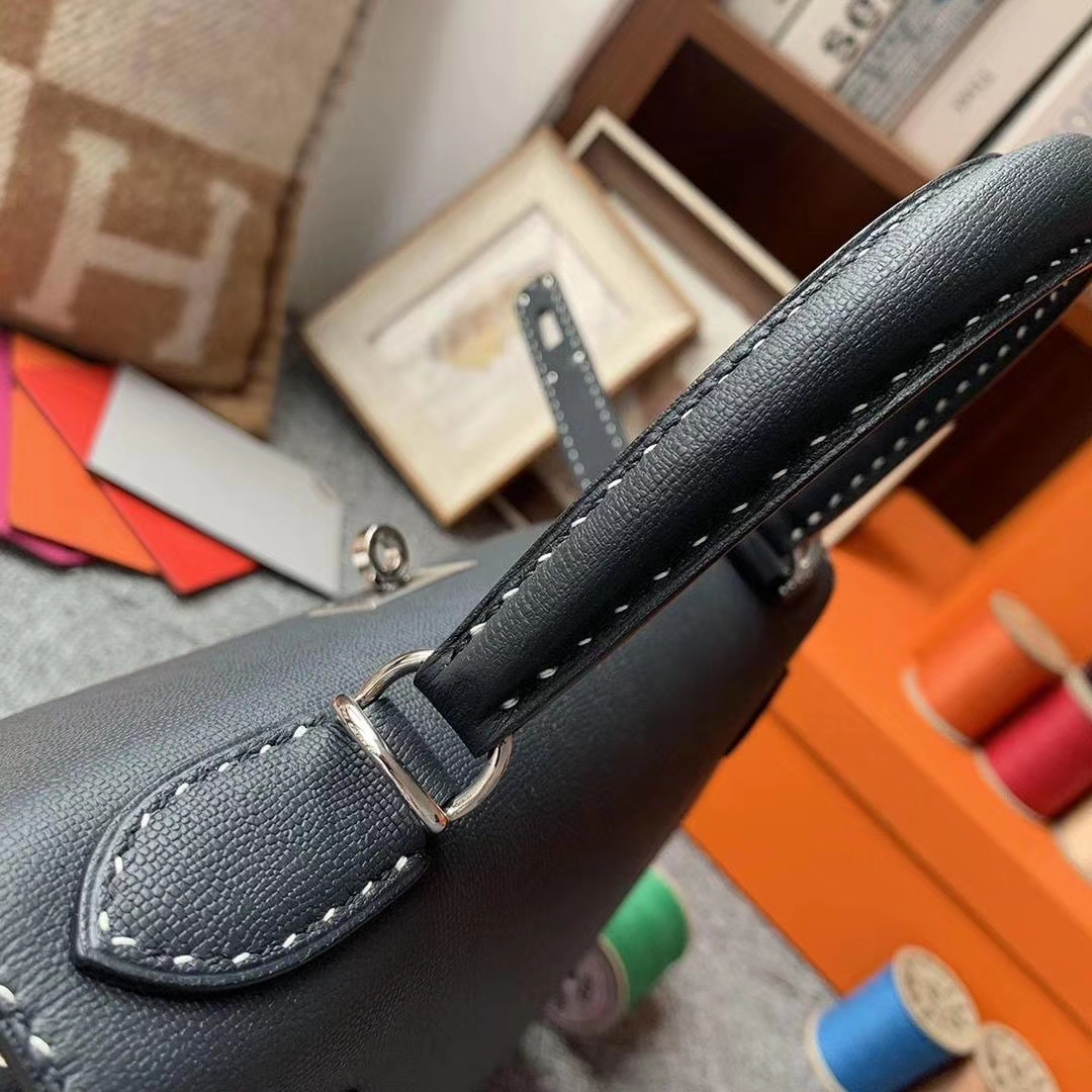 Hermès（爱马仕）CK89黑色 原厂御用顶级Monsieur皮 新款皮质 Kelly 28 外缝 黑白间隔走线 银扣