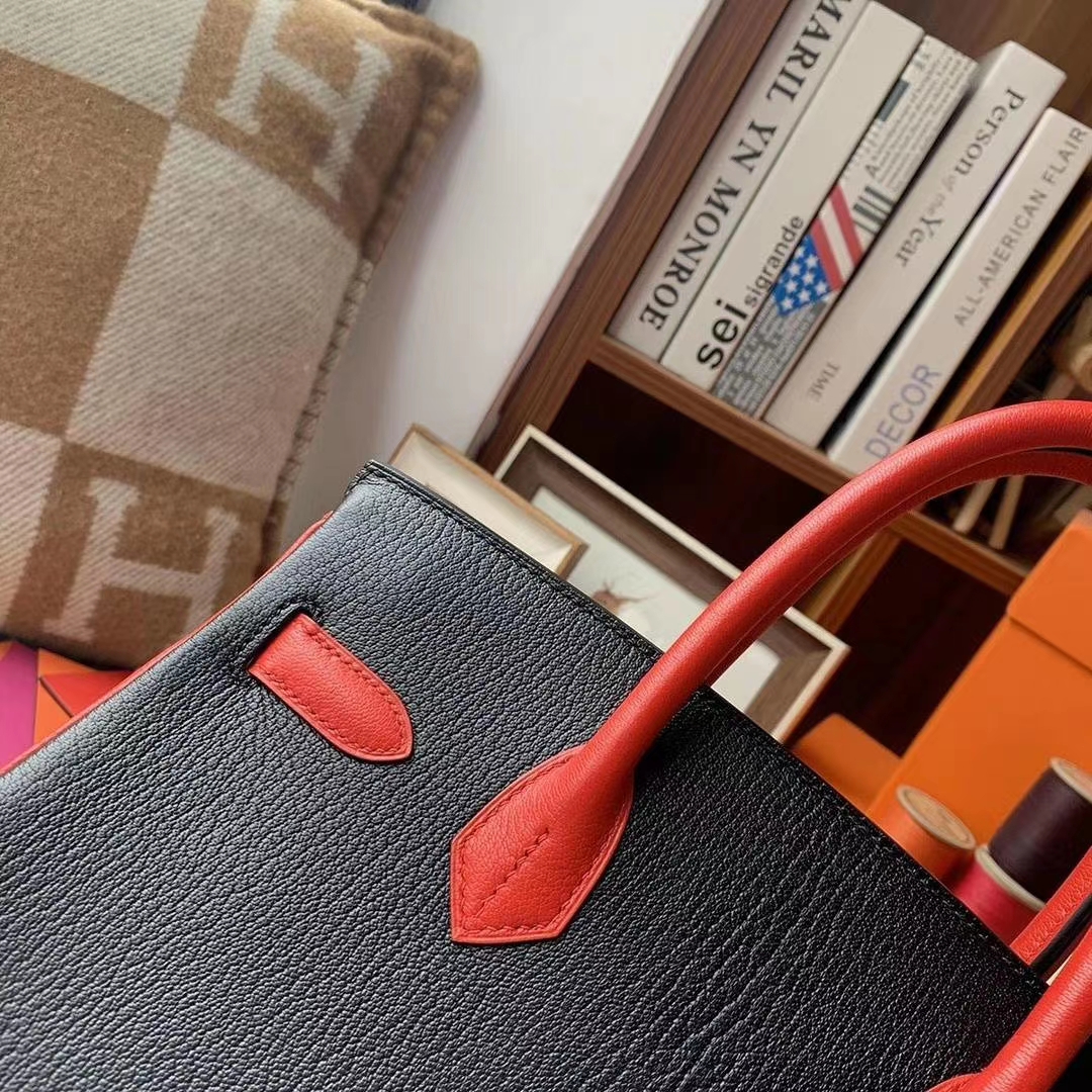 Hermès（爱马仕）黑色拼中国红 原厂御用顶级山羊皮 Birkin 30 金扣