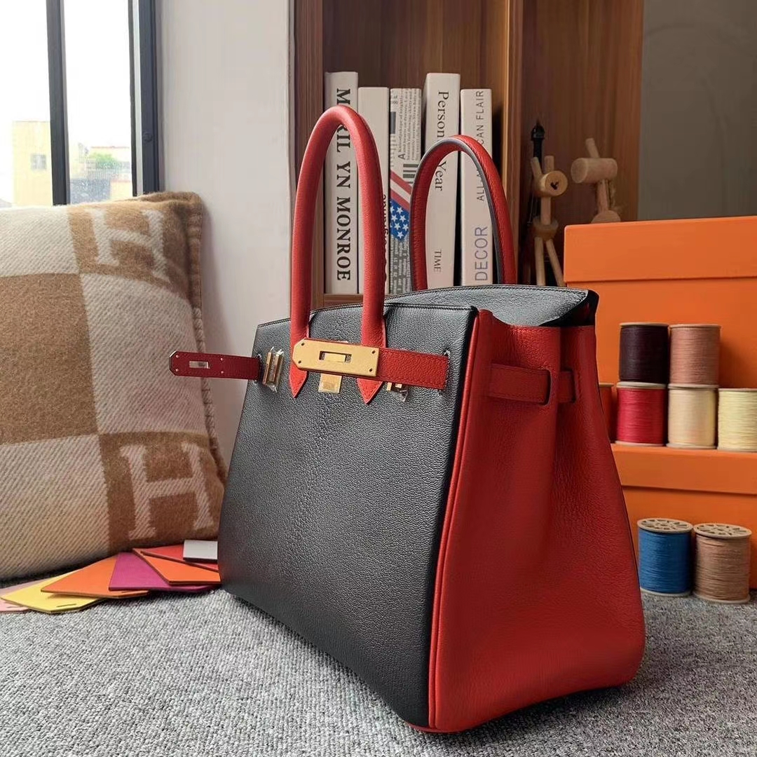 Hermès（爱马仕）黑色拼中国红 原厂御用顶级山羊皮 Birkin 30 金扣