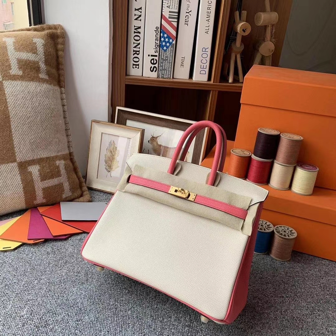 Hermès（爱马仕）奶昔白拼8W新唇膏粉 原厂御用顶级Epsom 皮 Birkin 25 金扣