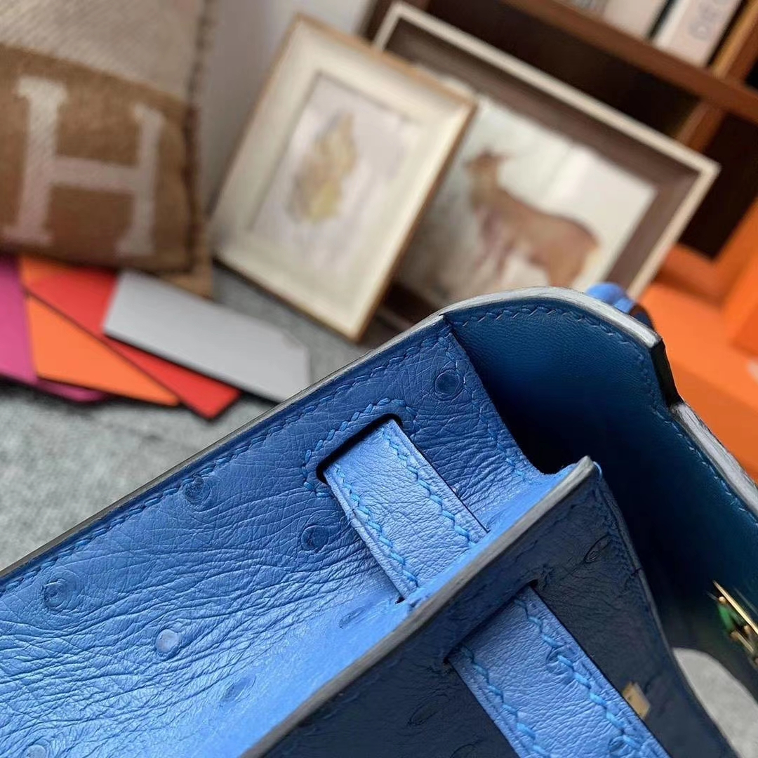 Hermès（爱马仕）7K宝石蓝 原厂御用顶级KK鸵鸟皮 Mini Kelly 二代 金扣