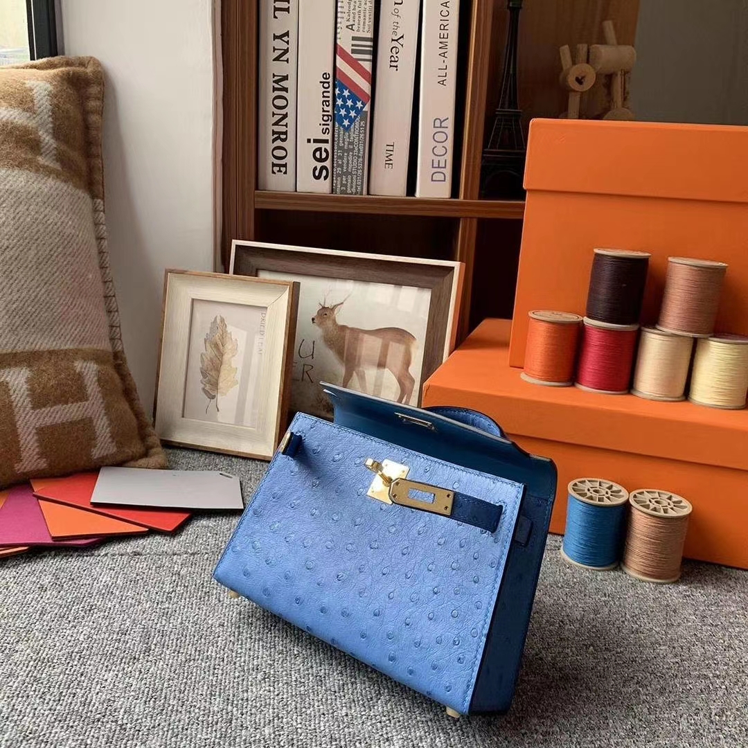 Hermès（爱马仕）7K宝石蓝 原厂御用顶级KK鸵鸟皮 Mini Kelly 二代 金扣