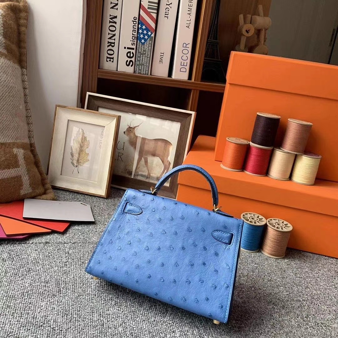 Hermès（爱马仕）7K宝石蓝 原厂御用顶级KK鸵鸟皮 Mini Kelly 二代 金扣