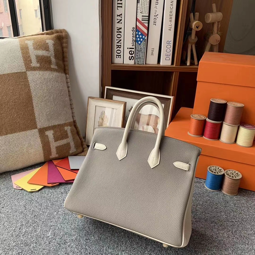 Hermès（爱马仕）M8沥青灰拼奶昔白 原厂御用顶级小牛皮 Birkin 25 金扣
