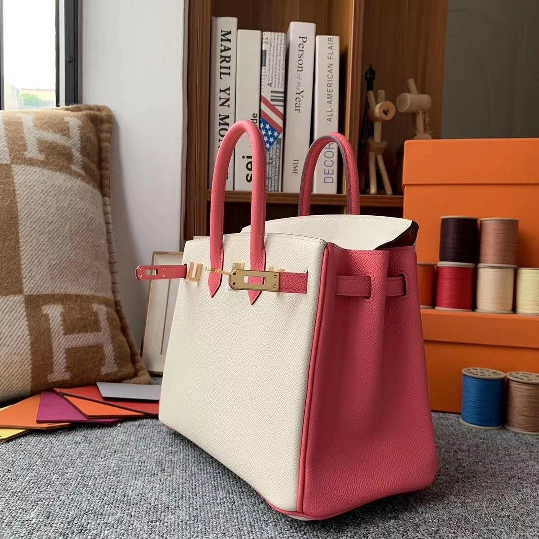 Hermès（爱马仕）奶昔白拼8W新唇膏粉 原厂御用顶级Epsom 皮 Birkin 25 金扣