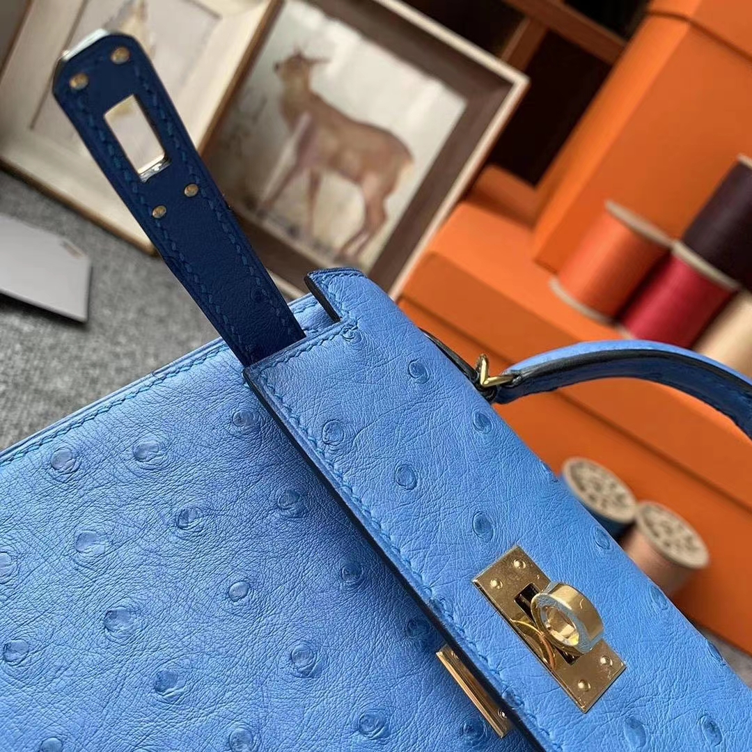 Hermès（爱马仕）7K宝石蓝 原厂御用顶级KK鸵鸟皮 Mini Kelly 二代 金扣