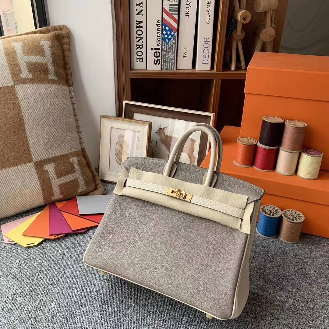 Hermès（爱马仕）M8沥青灰拼奶昔白 原厂御用顶级小牛皮 Birkin 25 金扣