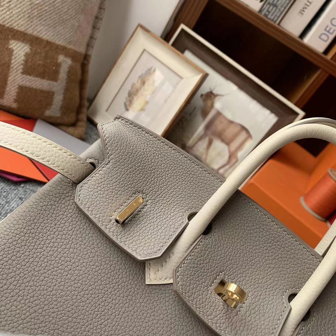 Hermès（爱马仕）M8沥青灰拼奶昔白 原厂御用顶级小牛皮 Birkin 25 金扣