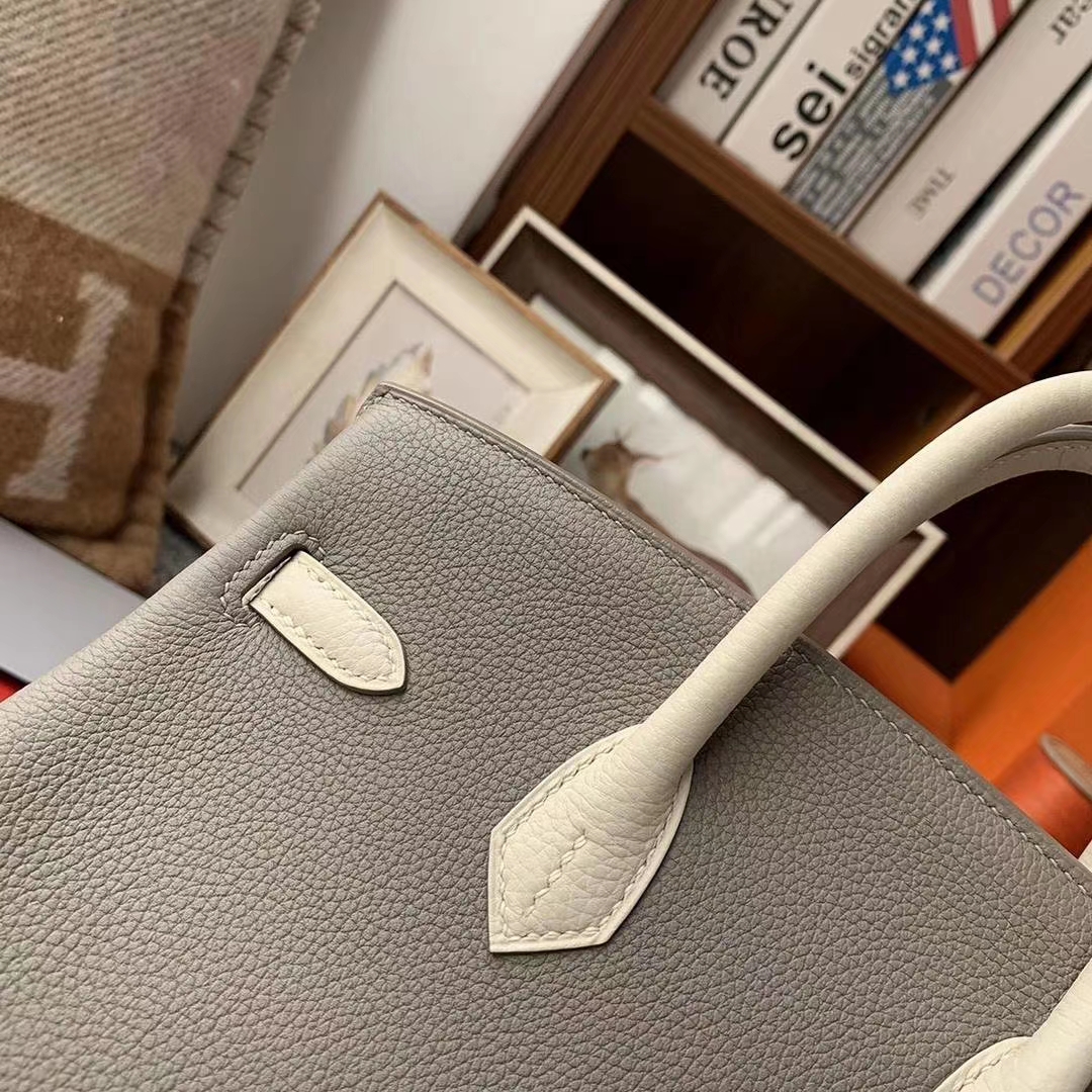 Hermès（爱马仕）M8沥青灰拼奶昔白 原厂御用顶级小牛皮 Birkin 25 金扣