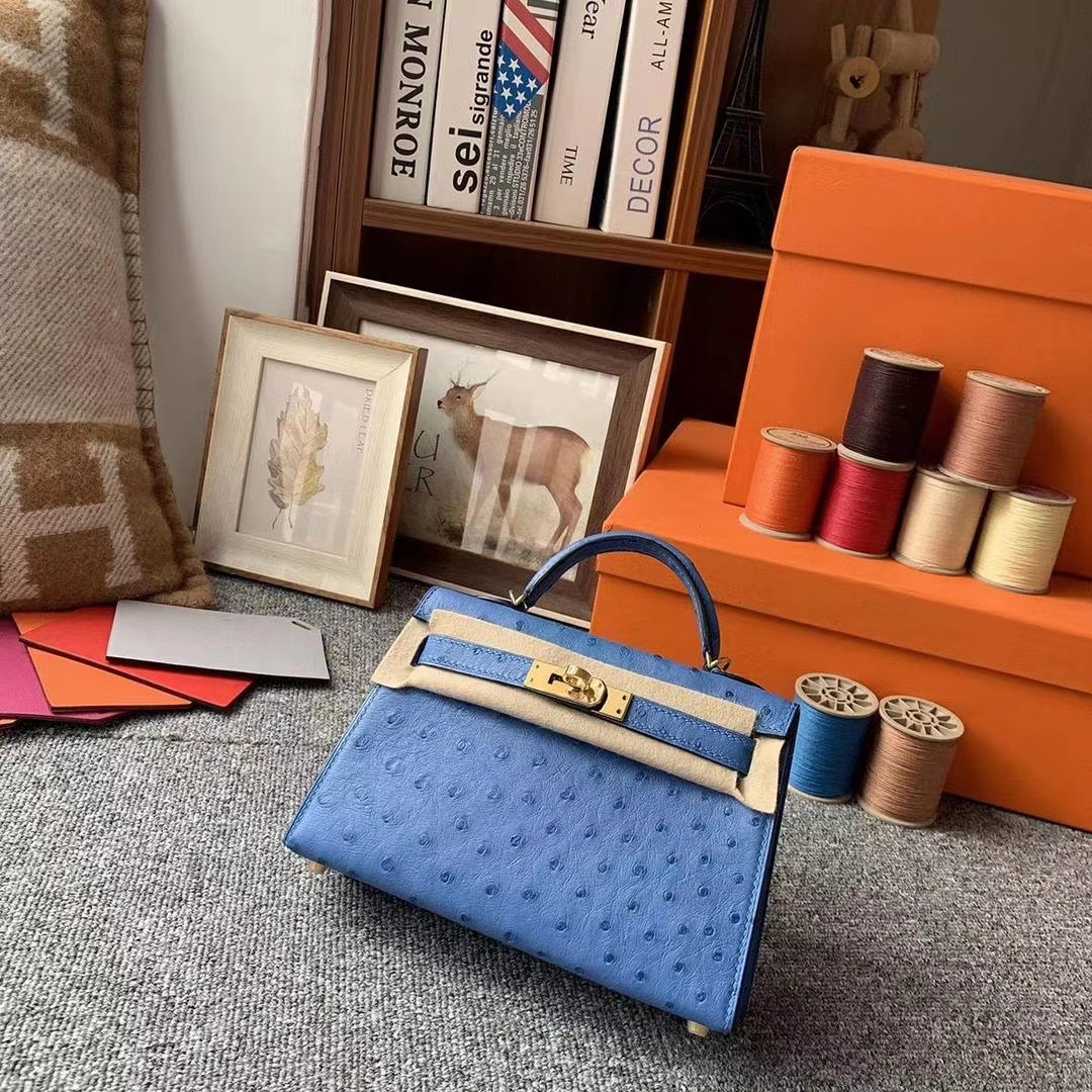 Hermès（爱马仕）7K宝石蓝 原厂御用顶级KK鸵鸟皮 Mini Kelly 二代 金扣