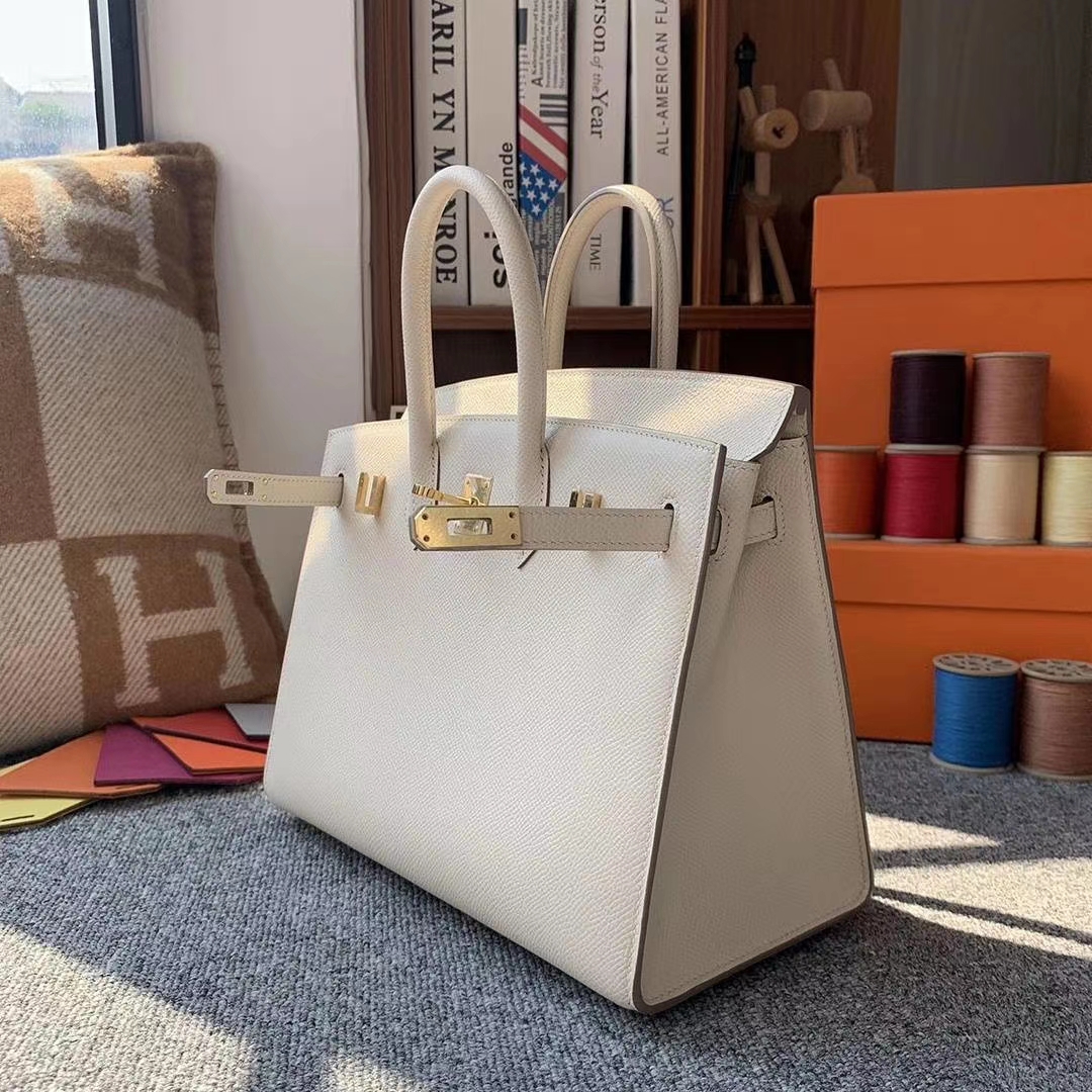 Hermès（爱马仕）奶昔白 原厂御用顶级Epsom 皮 Birkin 25 外缝 金扣