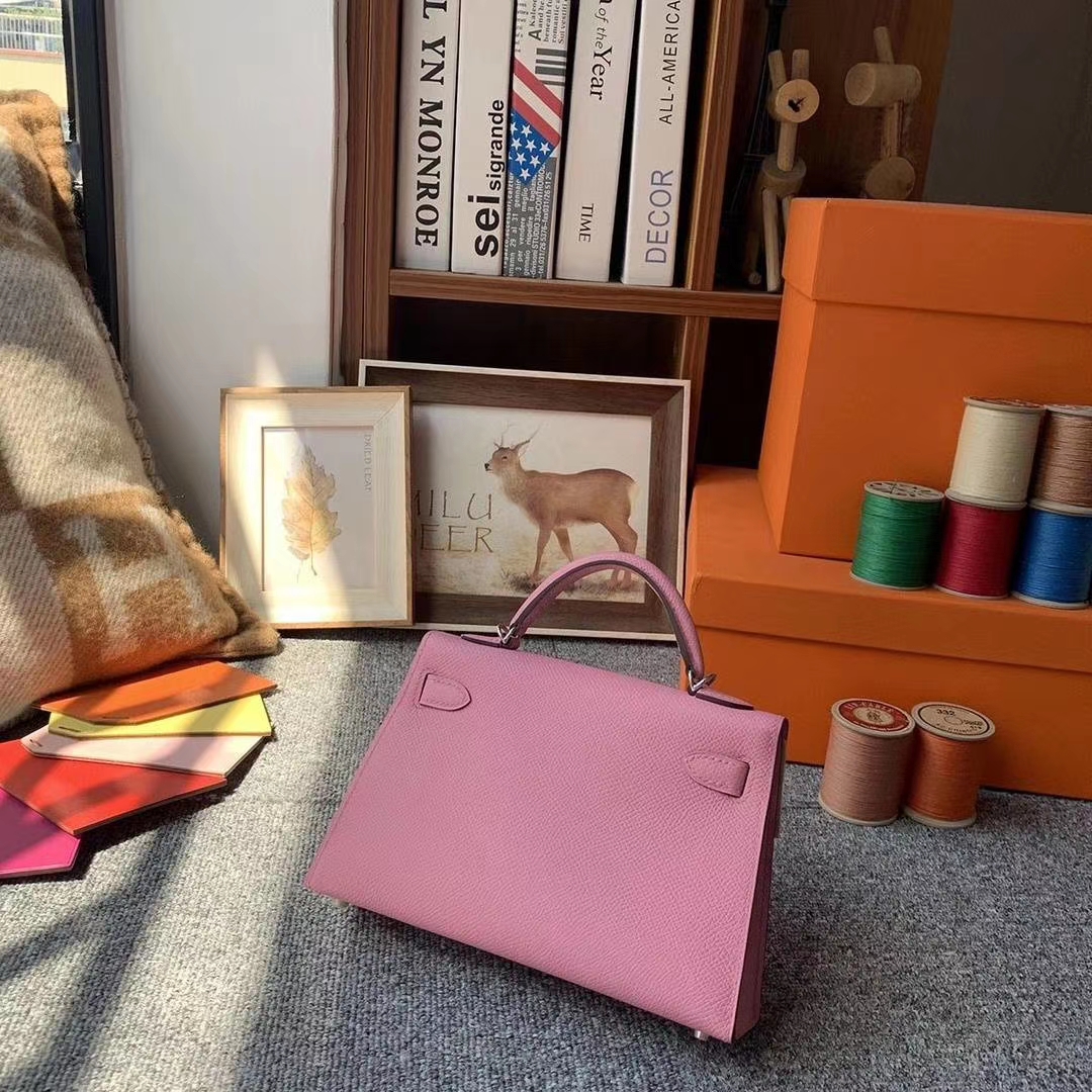 Hermès（爱马仕）5P樱花粉 原厂御用顶级Epsom 皮 Mini Kelly 二代 银扣