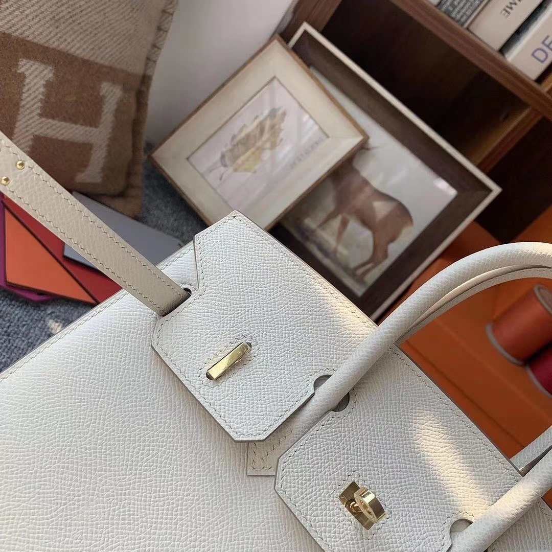 Hermès（爱马仕）奶昔白 原厂御用顶级Epsom 皮 Birkin 25 外缝 金扣