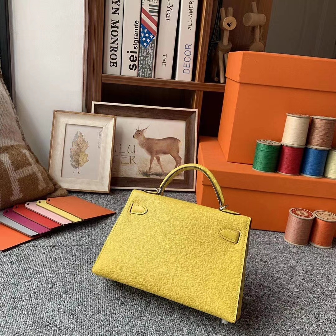 Hermès（爱马仕）那不勒斯黄拼金棕色 原厂御用顶级山羊皮 Mini Kelly 二代 银扣