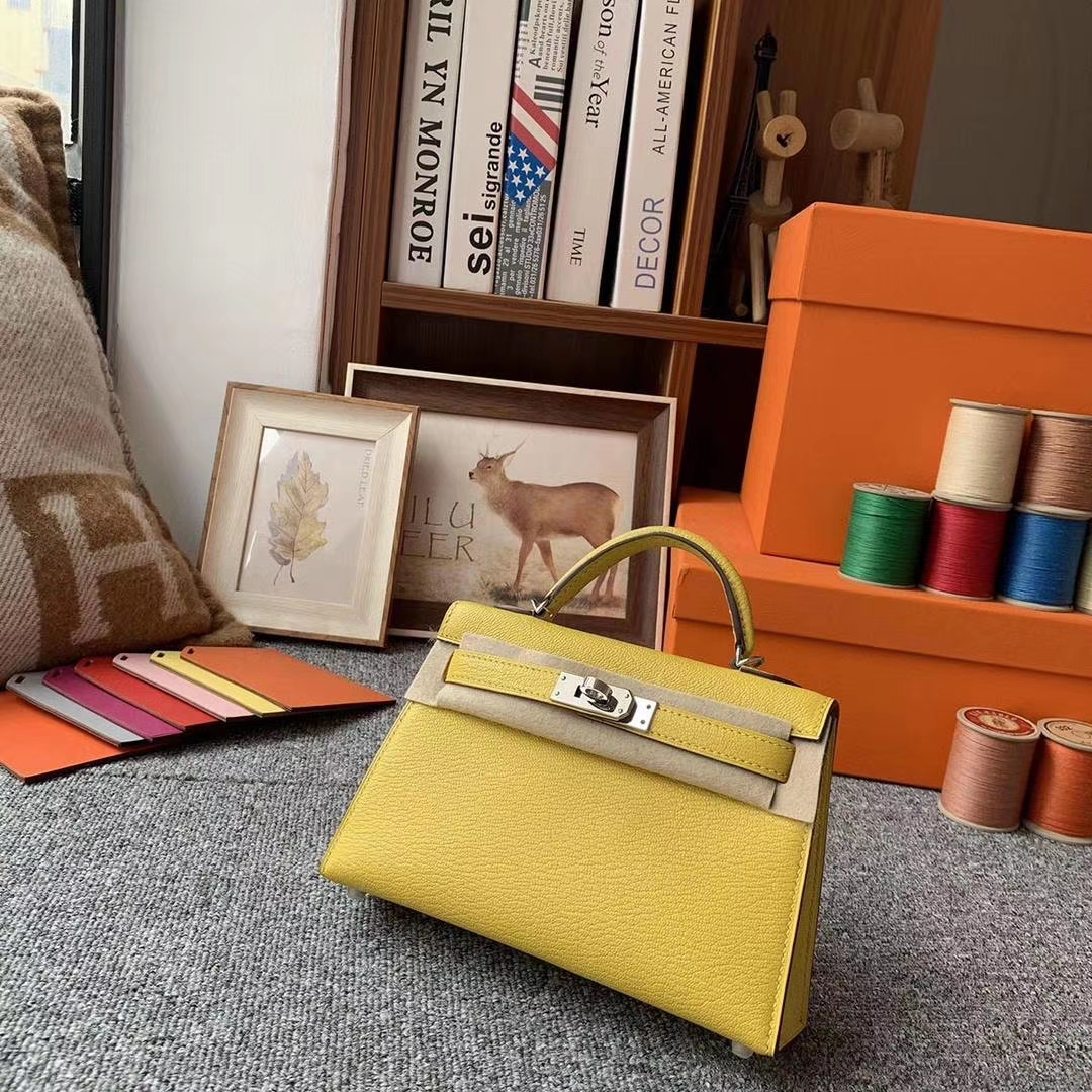Hermès（爱马仕）那不勒斯黄拼金棕色 原厂御用顶级山羊皮 Mini Kelly 二代 银扣