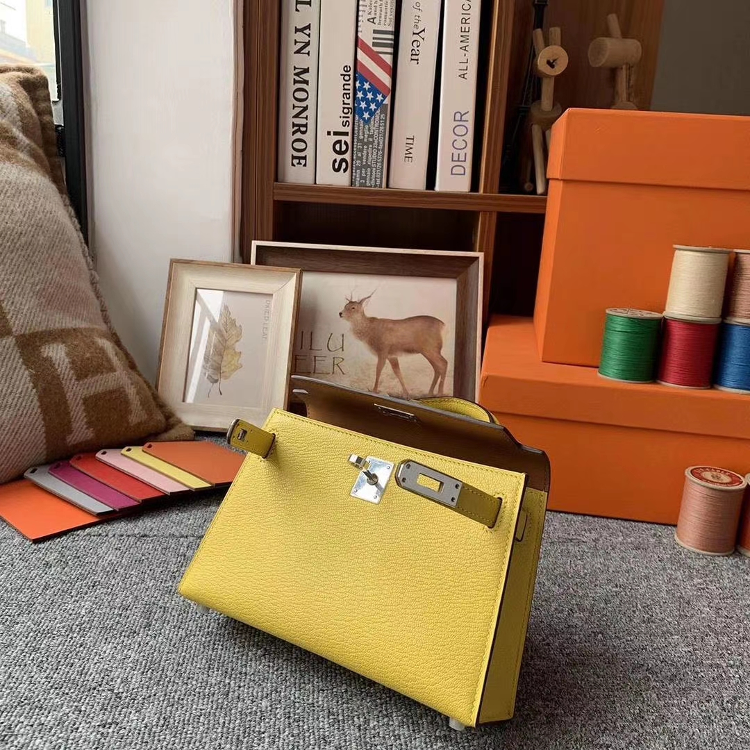 Hermès（爱马仕）那不勒斯黄拼金棕色 原厂御用顶级山羊皮 Mini Kelly 二代 银扣