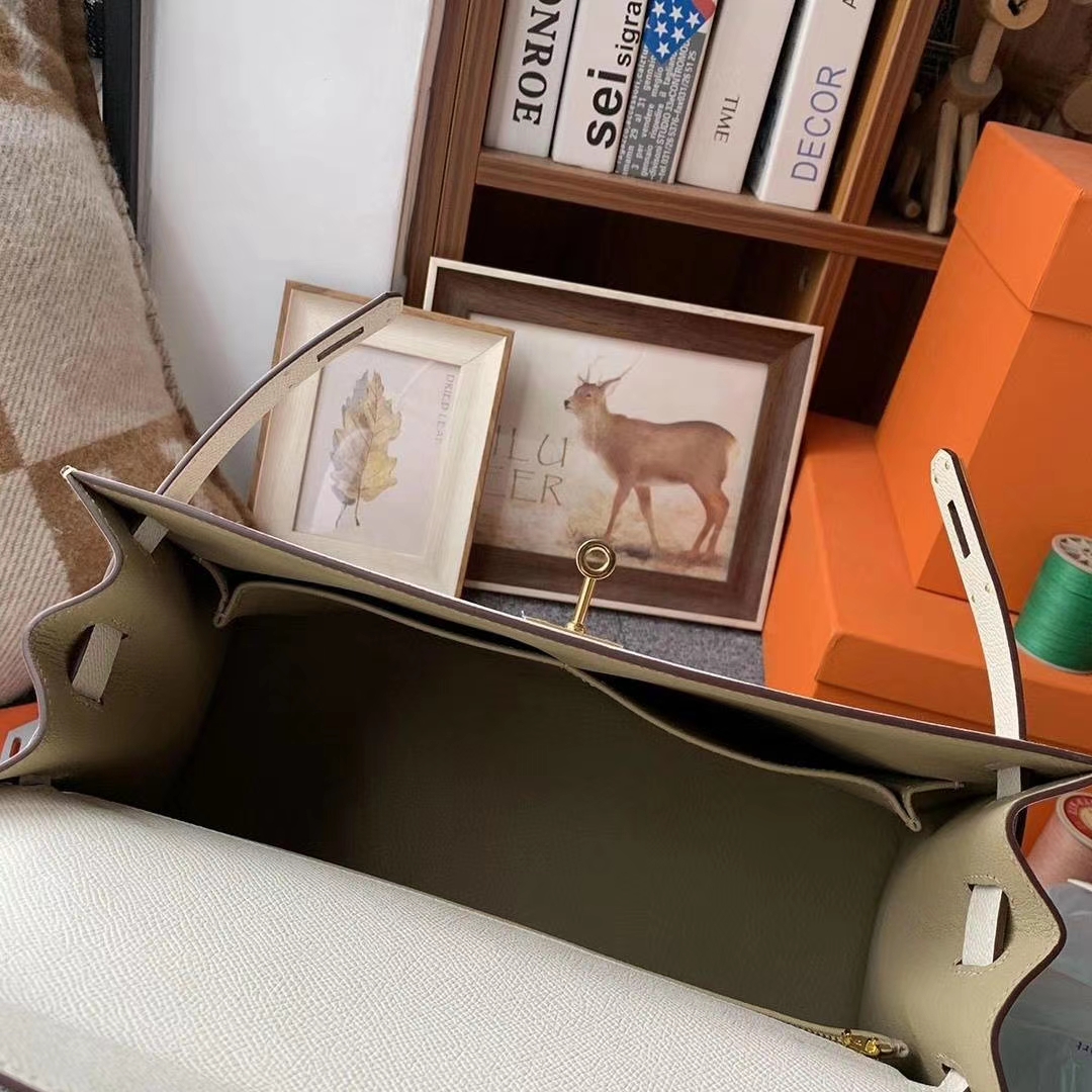 Hermès（爱马仕）奶昔白内拼风衣灰 原厂御用顶级Epsom 皮 Kelly 32 外缝 金扣