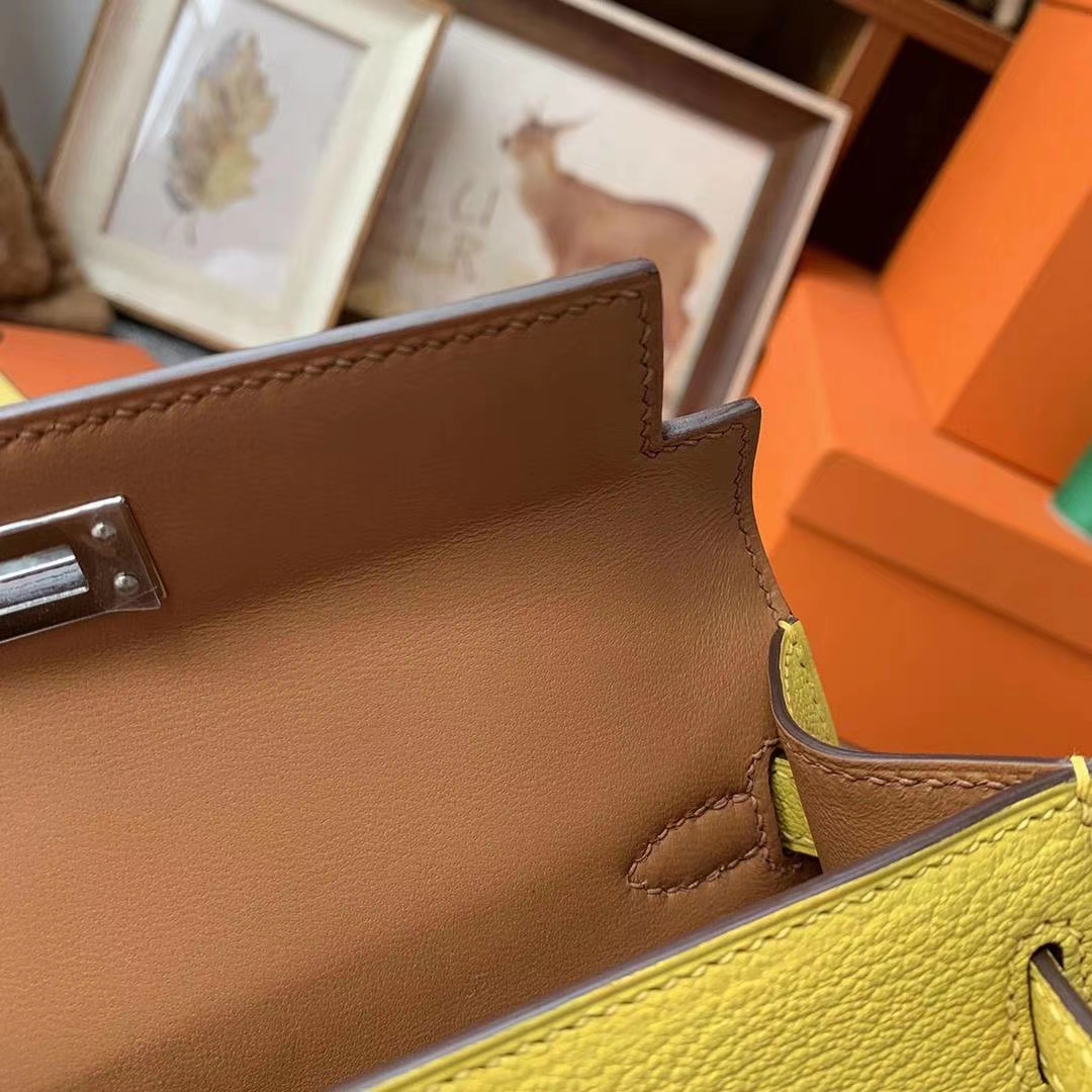 Hermès（爱马仕）那不勒斯黄拼金棕色 原厂御用顶级山羊皮 Mini Kelly 二代 银扣