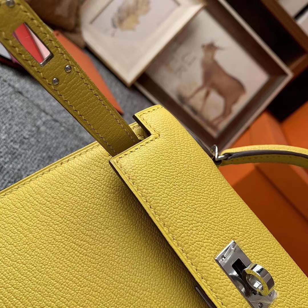 Hermès（爱马仕）那不勒斯黄拼金棕色 原厂御用顶级山羊皮 Mini Kelly 二代 银扣