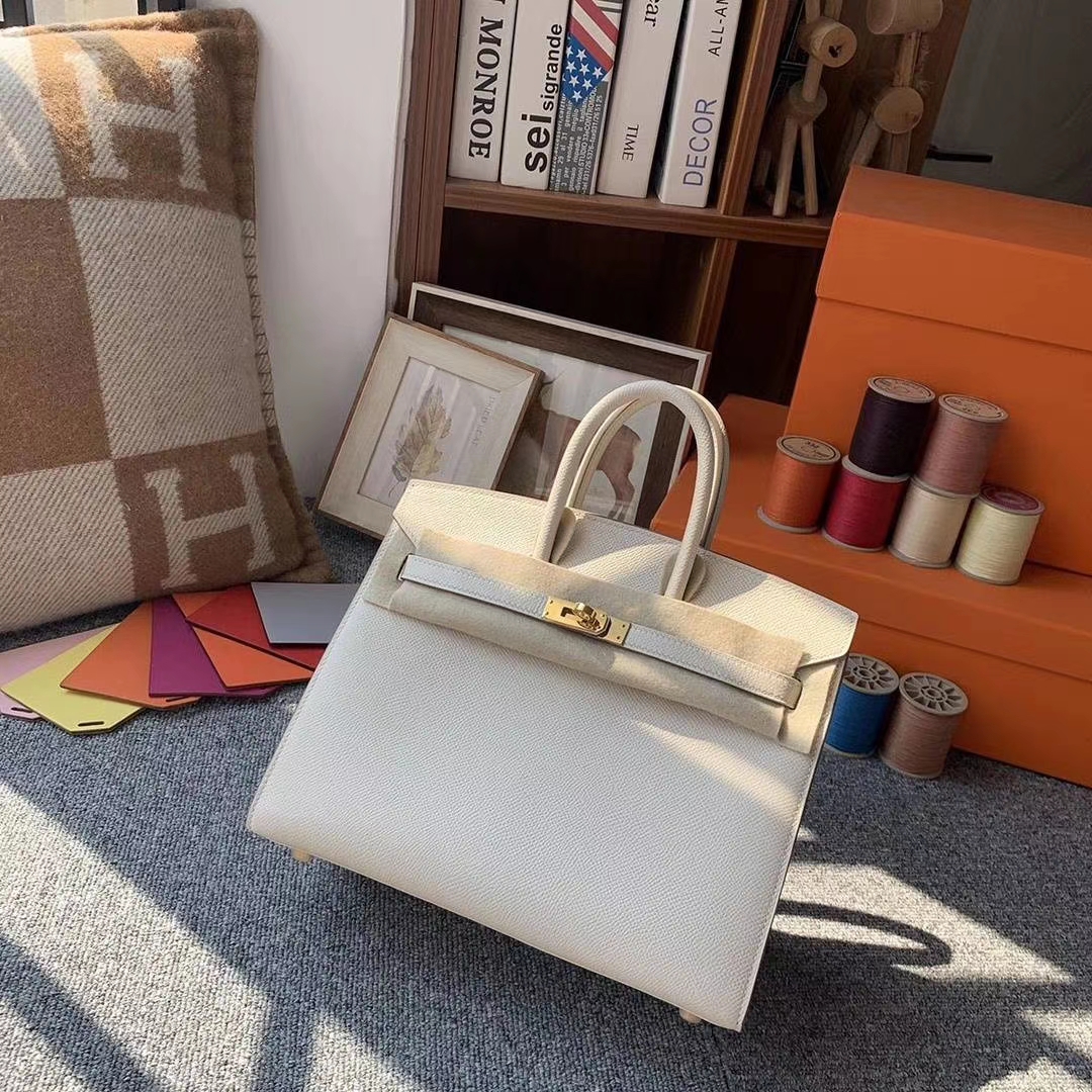 Hermès（爱马仕）奶昔白 原厂御用顶级Epsom 皮 Birkin 25 外缝 金扣