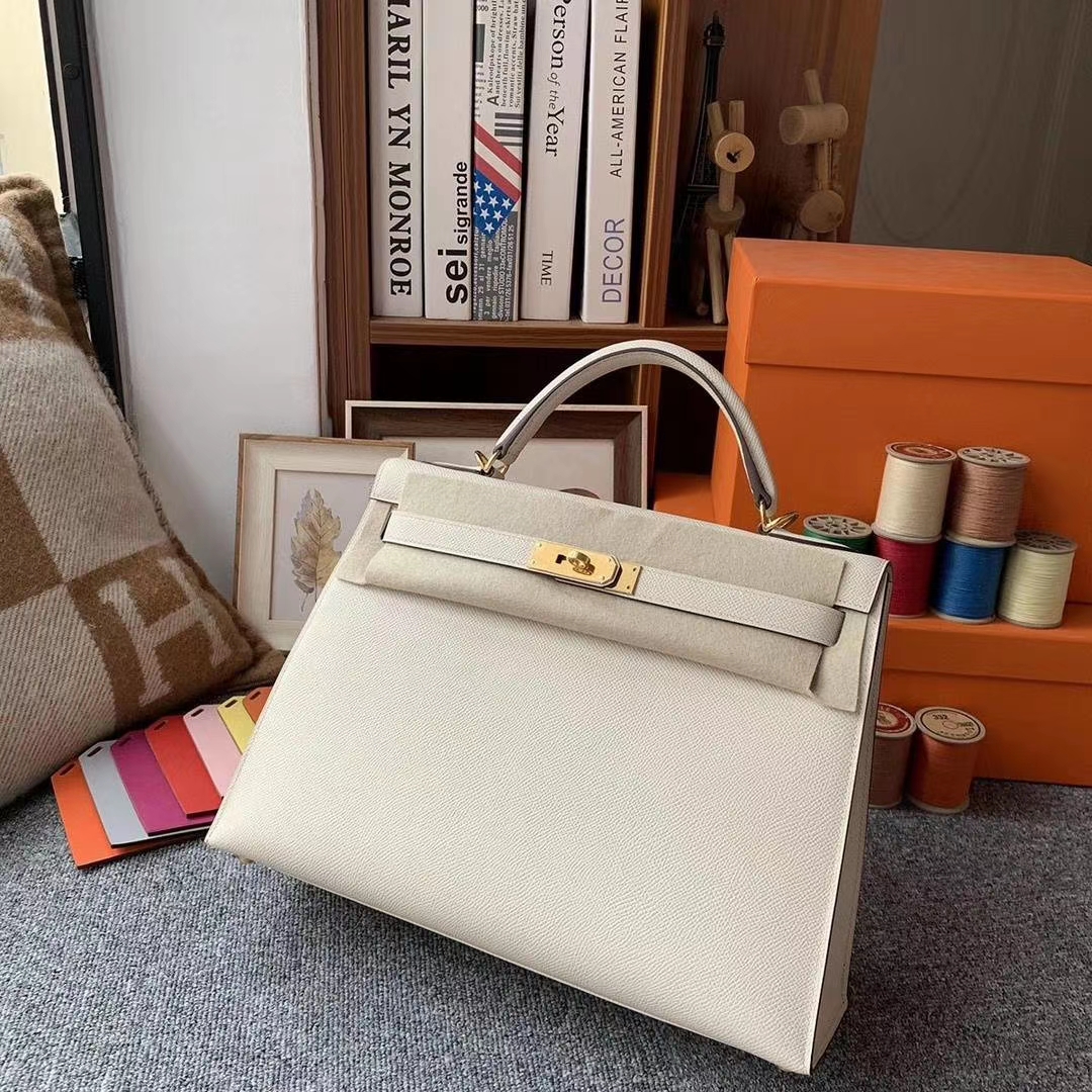 Hermès（爱马仕）奶昔白内拼风衣灰 原厂御用顶级Epsom 皮 Kelly 32 外缝 金扣