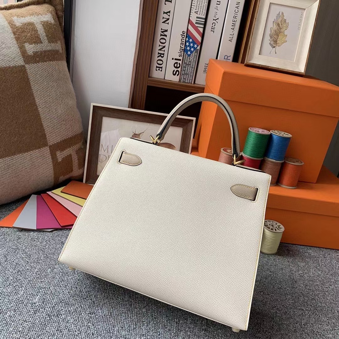 Hermès（爱马仕）奶昔白拼风衣灰 原厂御用顶级Epsom 皮 Kelly 28 外缝 金扣
