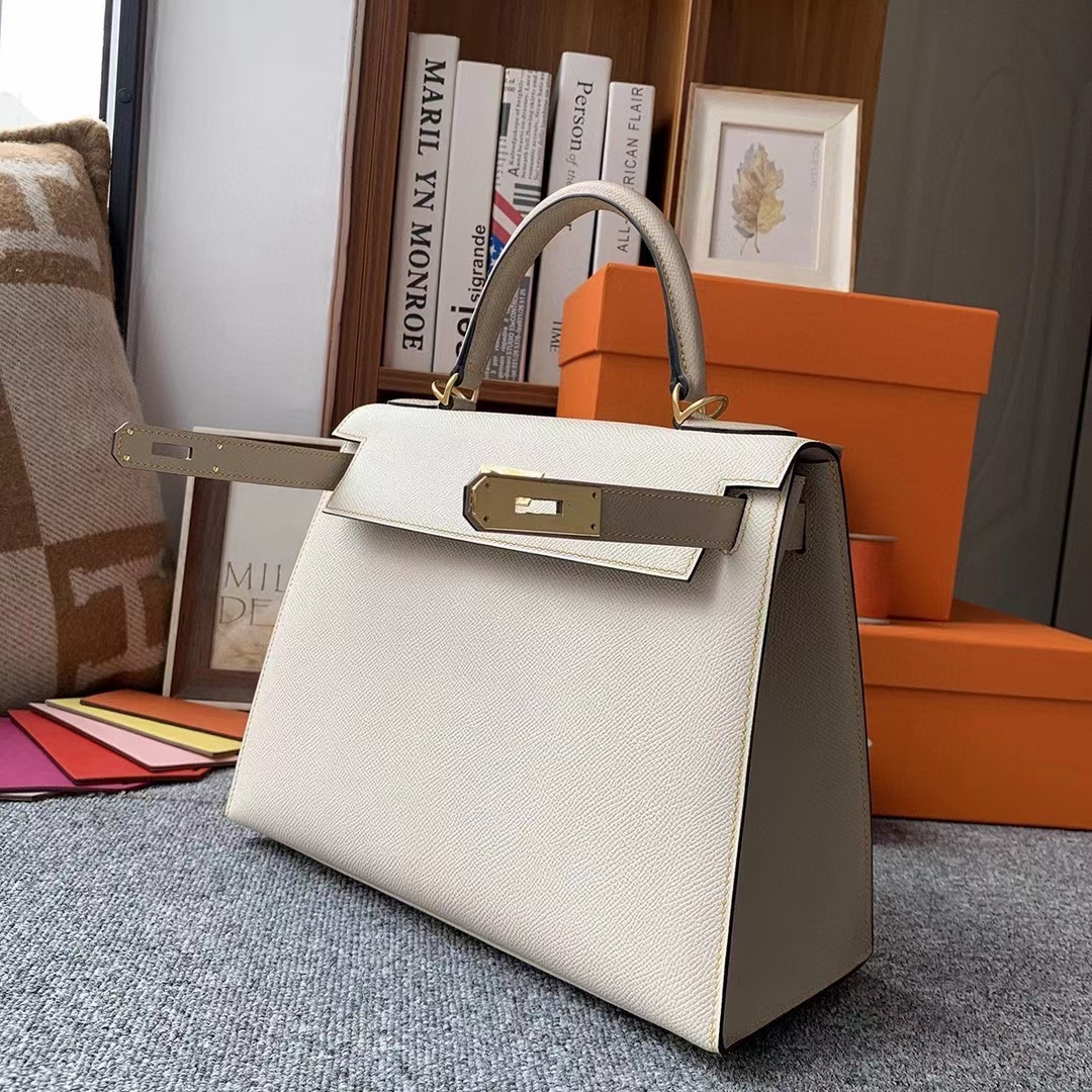 Hermès（爱马仕）奶昔白拼风衣灰 原厂御用顶级Epsom 皮 Kelly 28 外缝 金扣