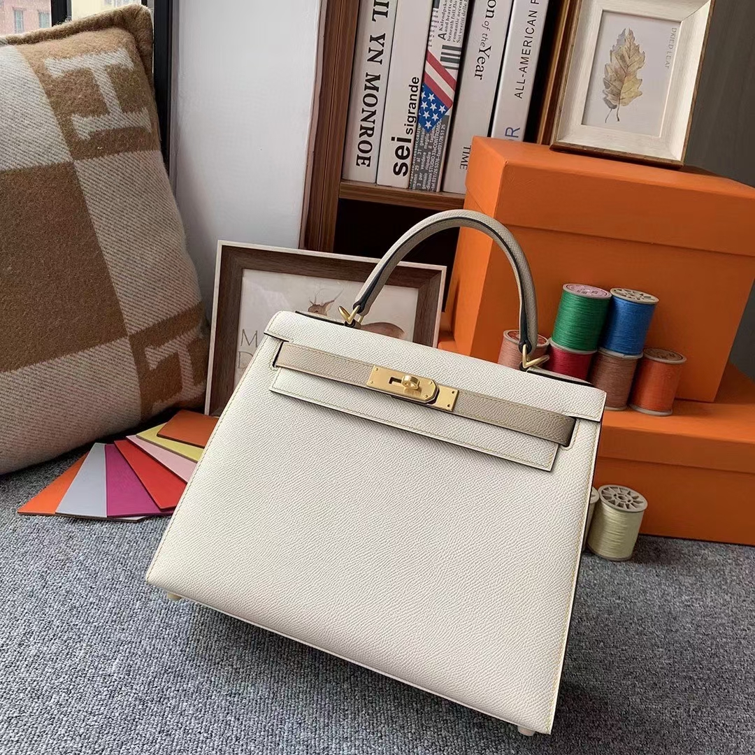 Hermès（爱马仕）奶昔白拼风衣灰 原厂御用顶级Epsom 皮 Kelly 28 外缝 金扣