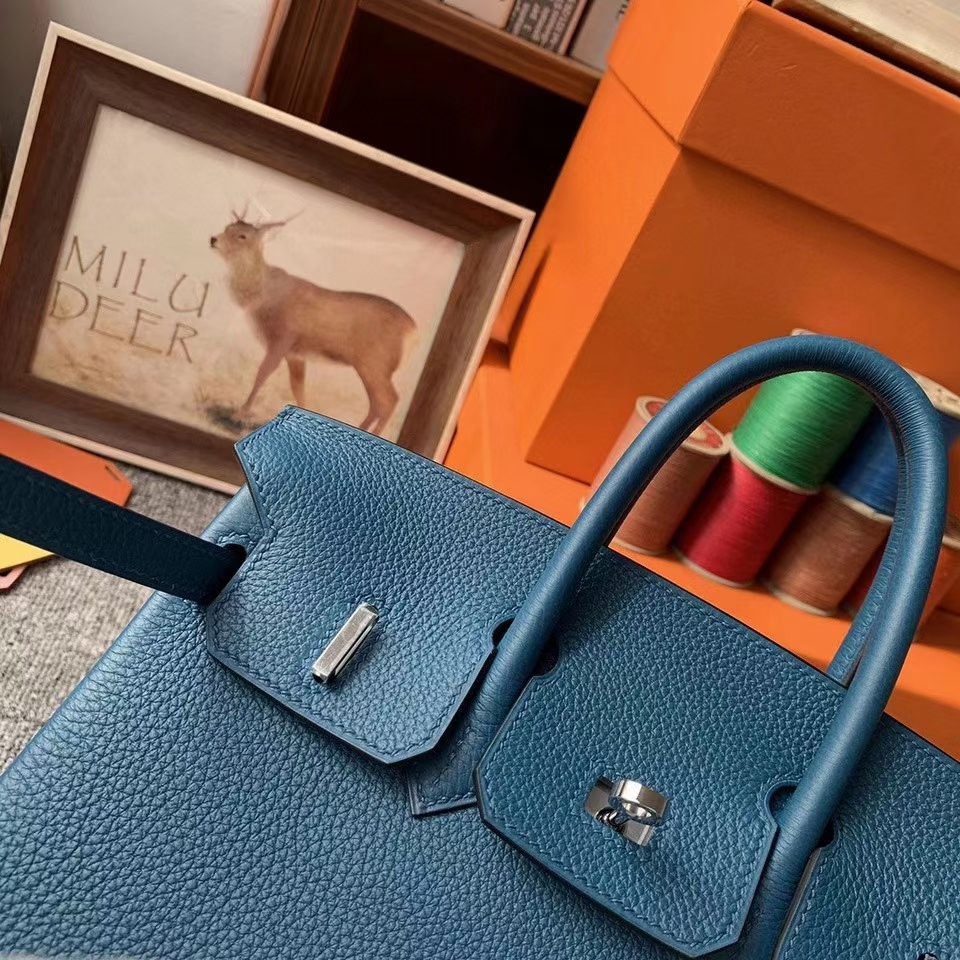 Hermès（爱马仕）7Q伊兹密尔蓝 原厂御用顶级小牛皮 Birkin 25 银扣