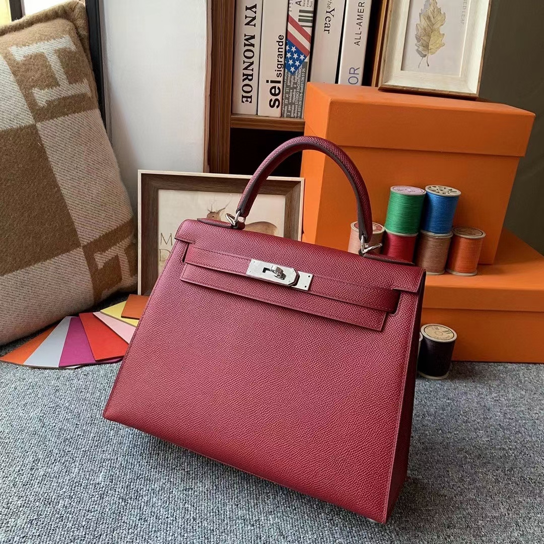Hermès（爱马仕）K1石榴红 原厂御用顶级Epsom 皮 Kelly 28 外缝 银扣
